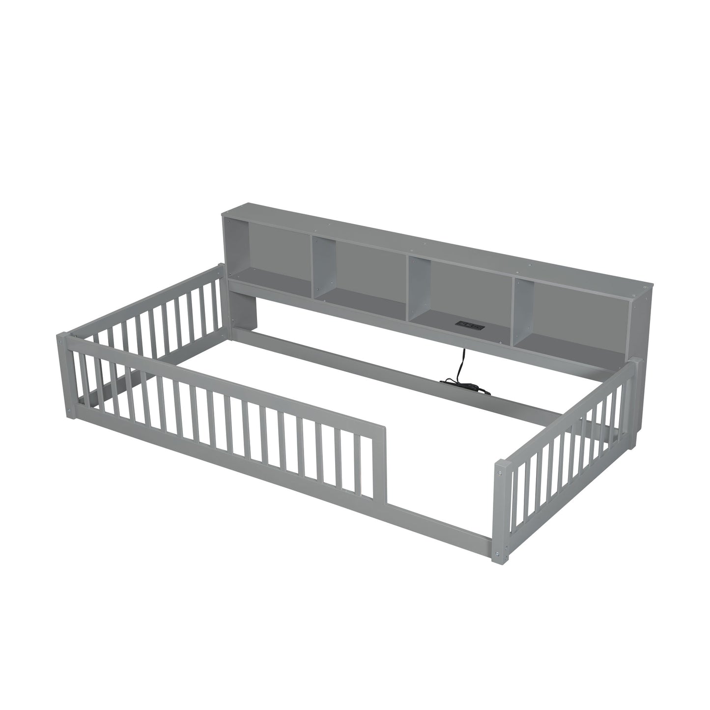 Gray wooden toddler bed frame with safety rails and builtin bookshelf headboard