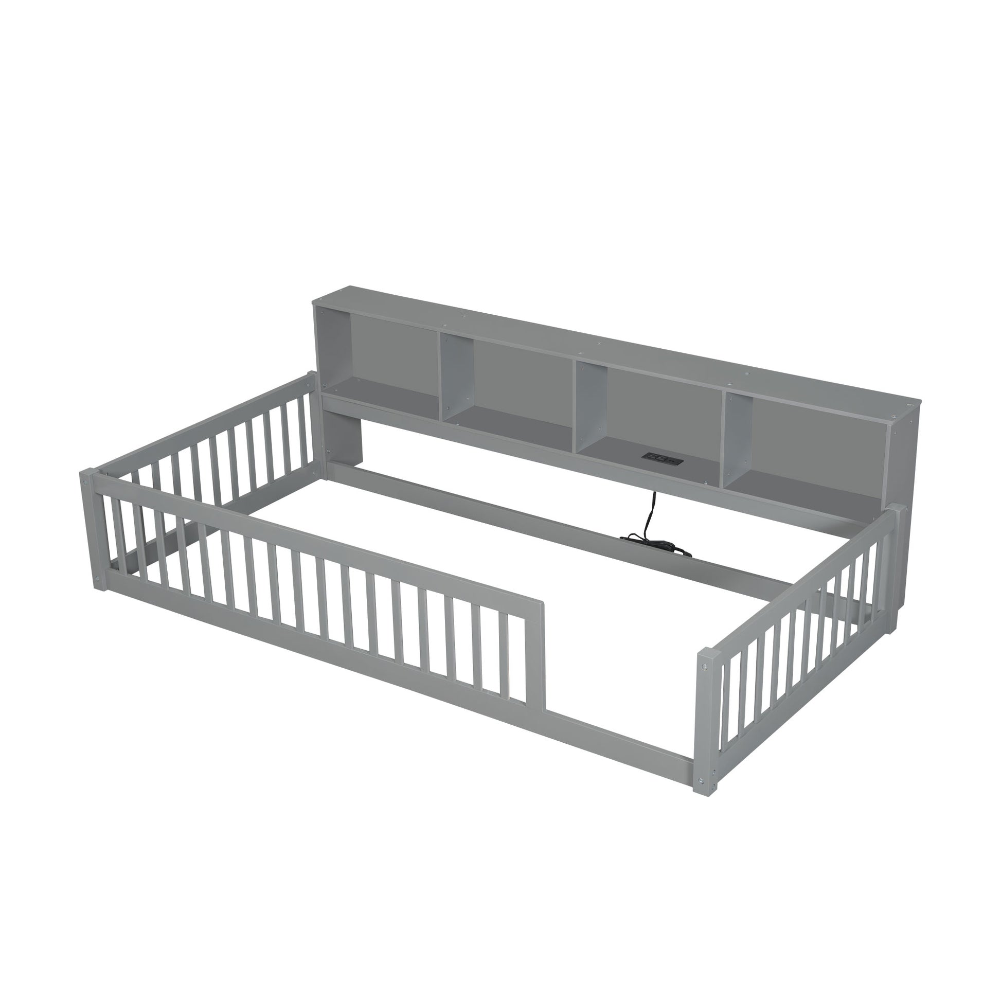 Gray wooden toddler bed frame with safety rails and builtin bookshelf headboard
