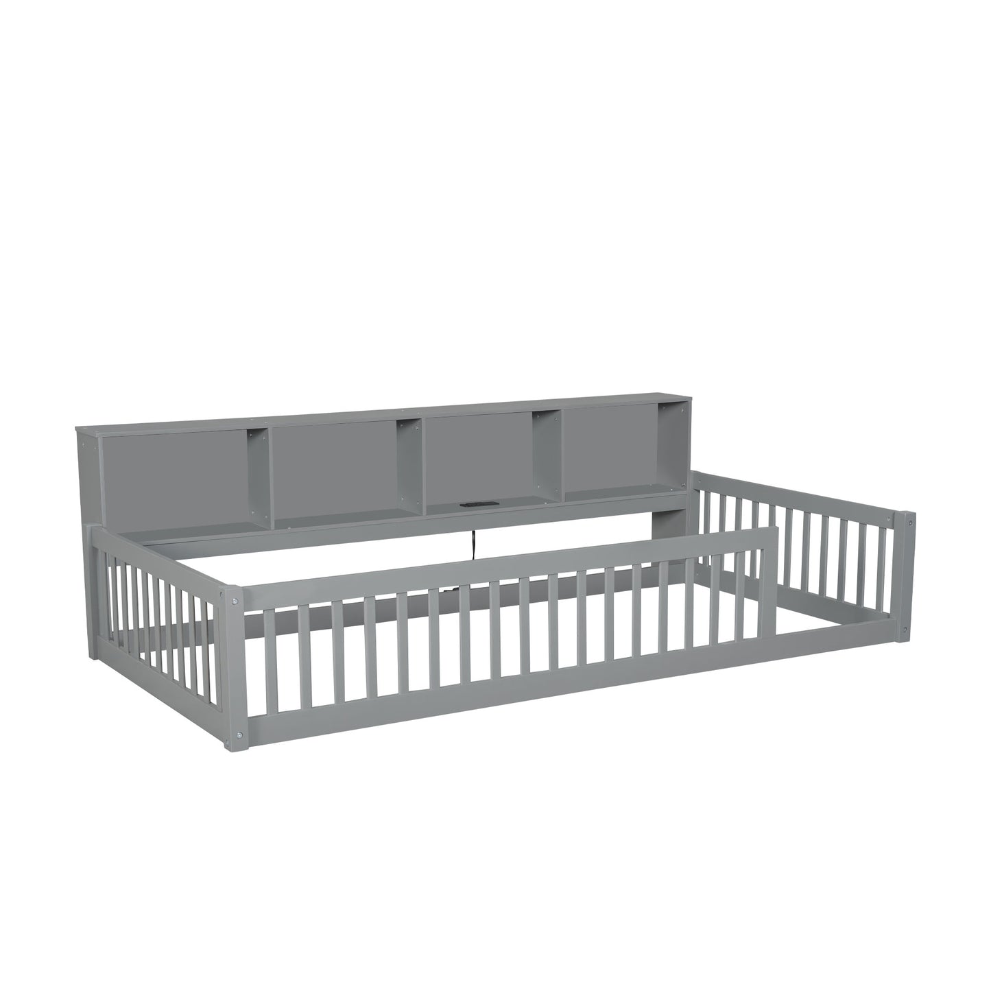 Grey wooden twin daybed with storage headboard and safety rails for kids