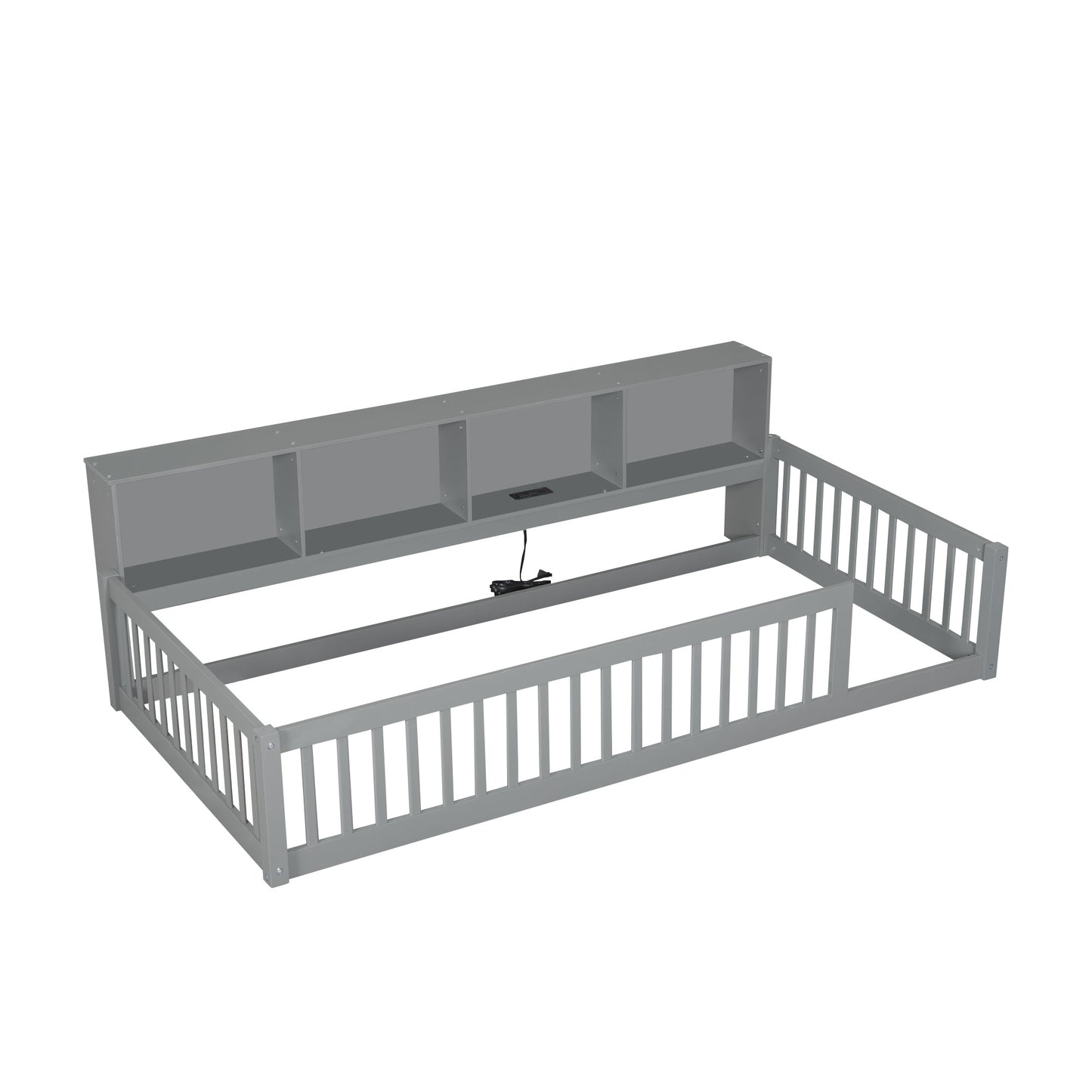 Grey wooden daybed frame with builtin bookshelf and USB charger