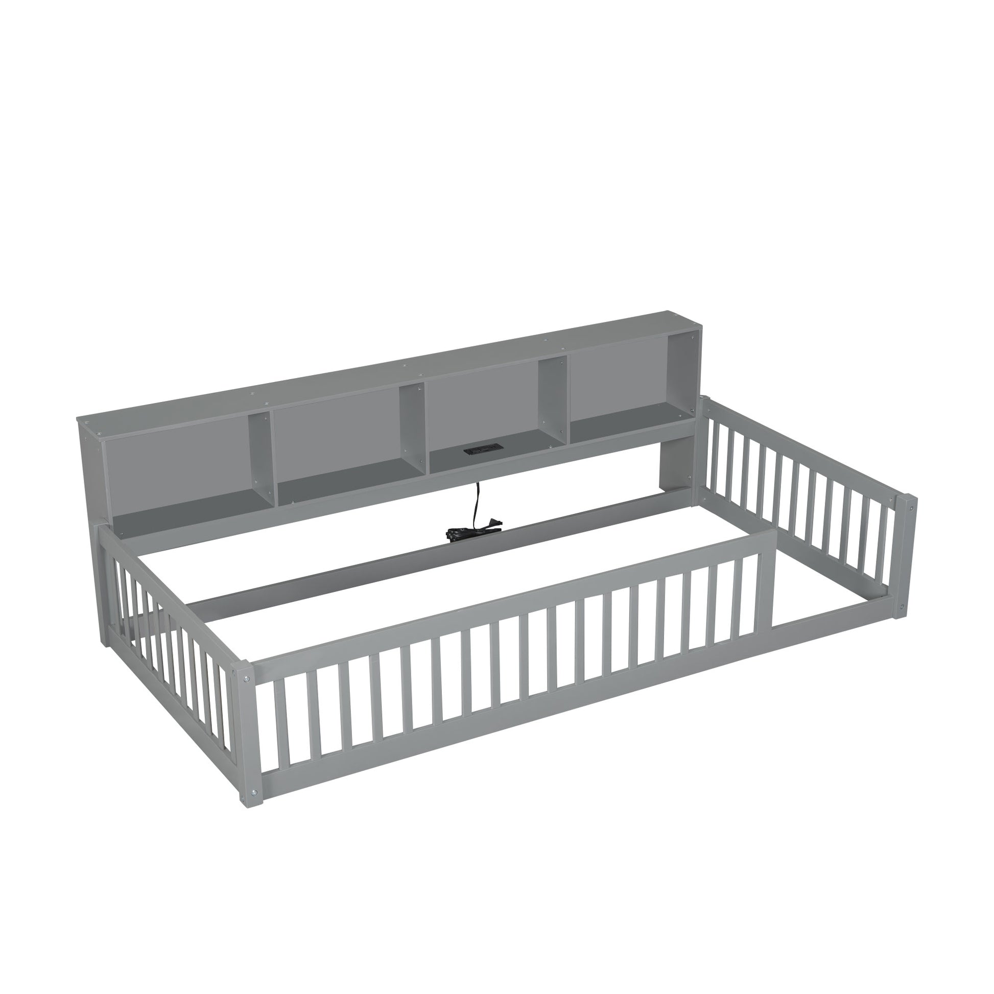 Grey wooden daybed frame with builtin bookshelf and USB charger