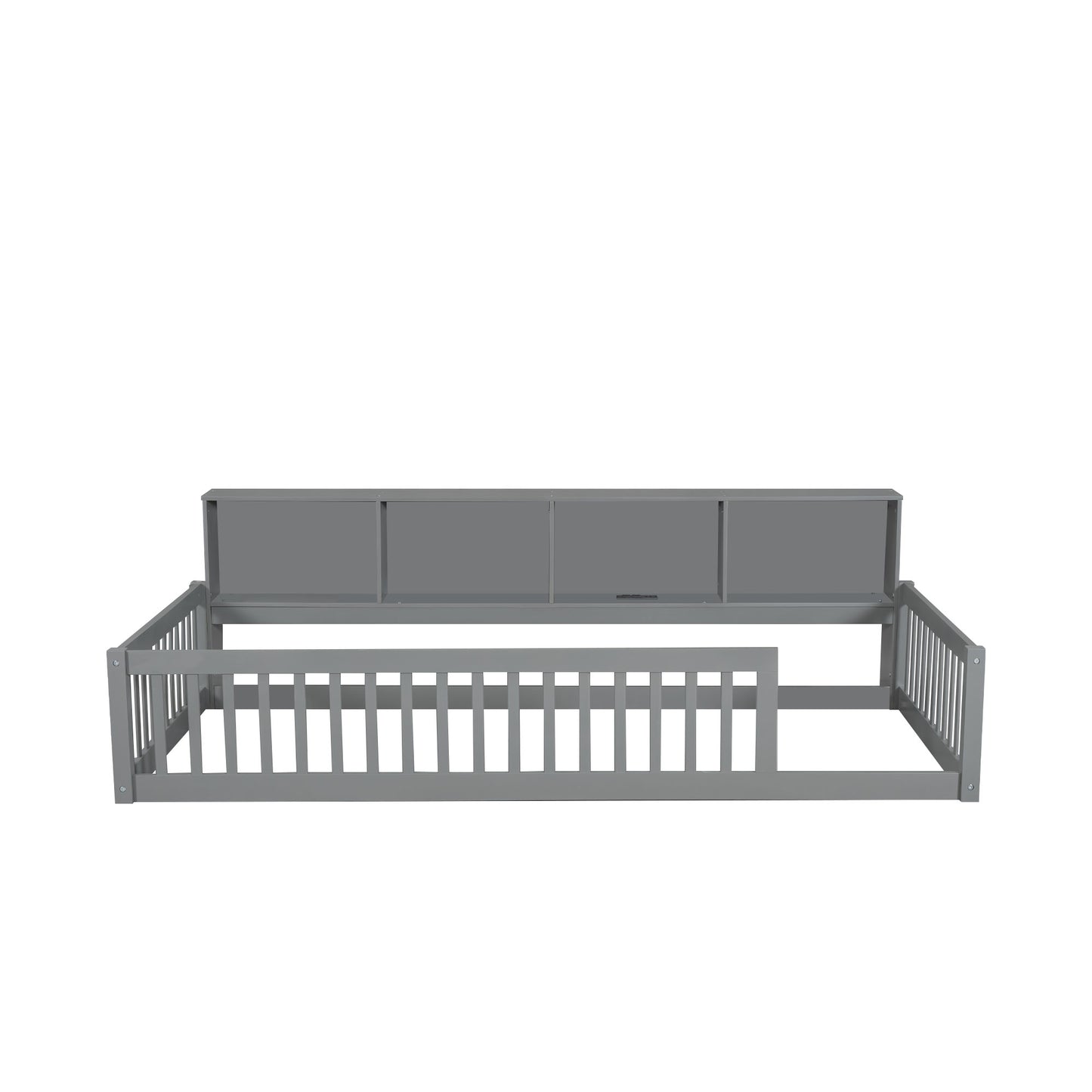 Gray toddler bed frame with attached bookshelf headboard and safety rails