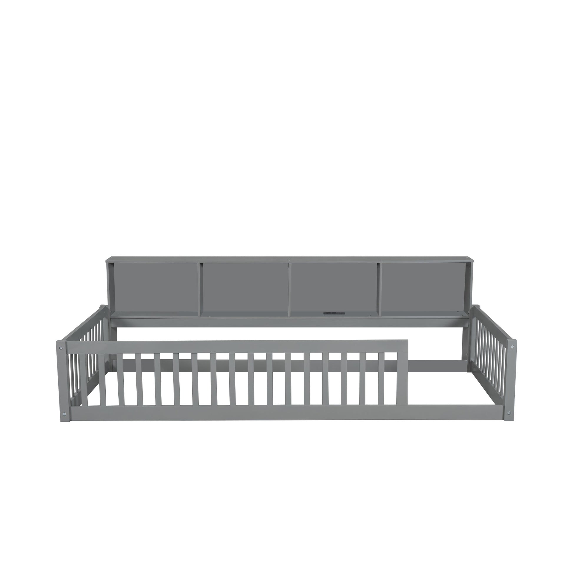 Gray toddler bed frame with attached bookshelf headboard and safety rails