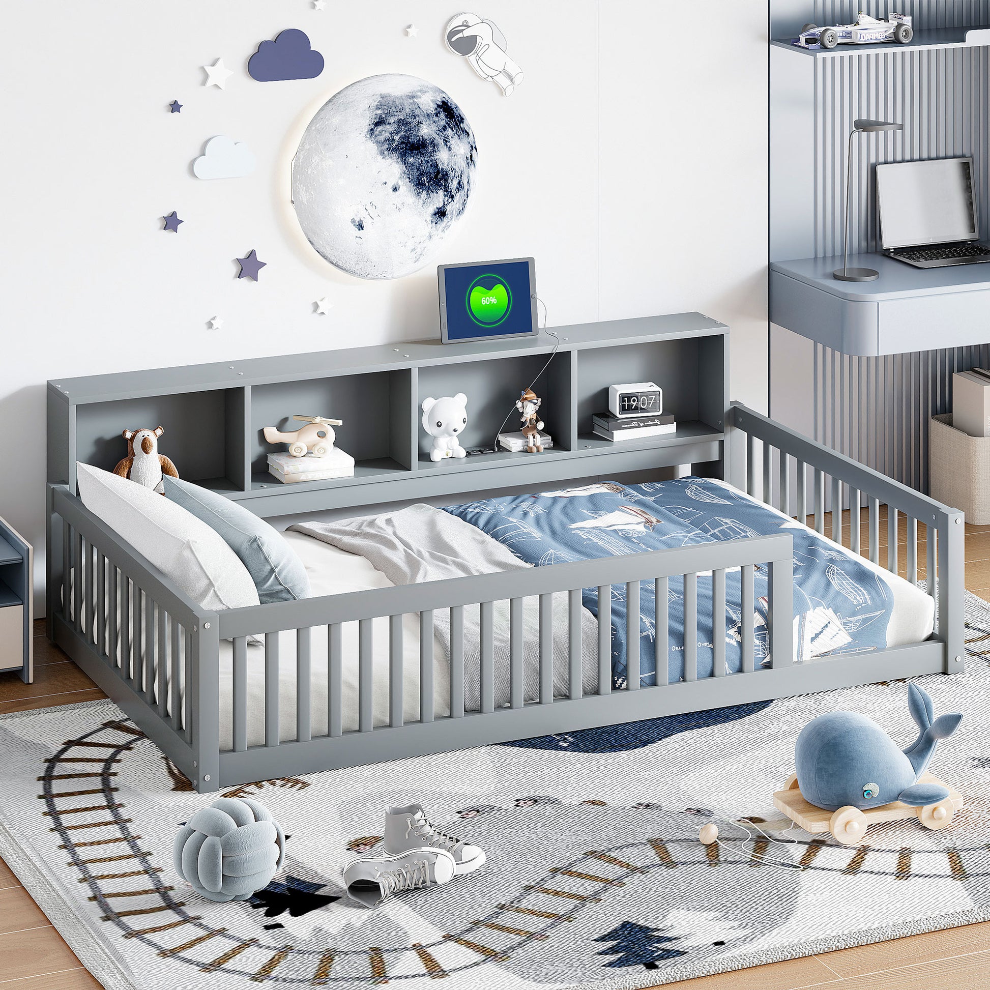 Gray toddler bed with bookshelf headboard and nautical bedding