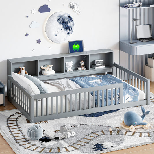 Gray toddler bed with bookshelf headboard and nautical bedding