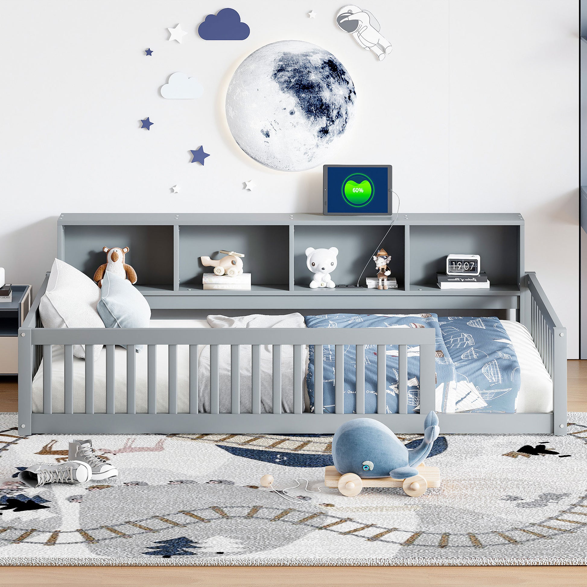 Gray toddler bed with shelves and playful astronaut and moon wall decor
