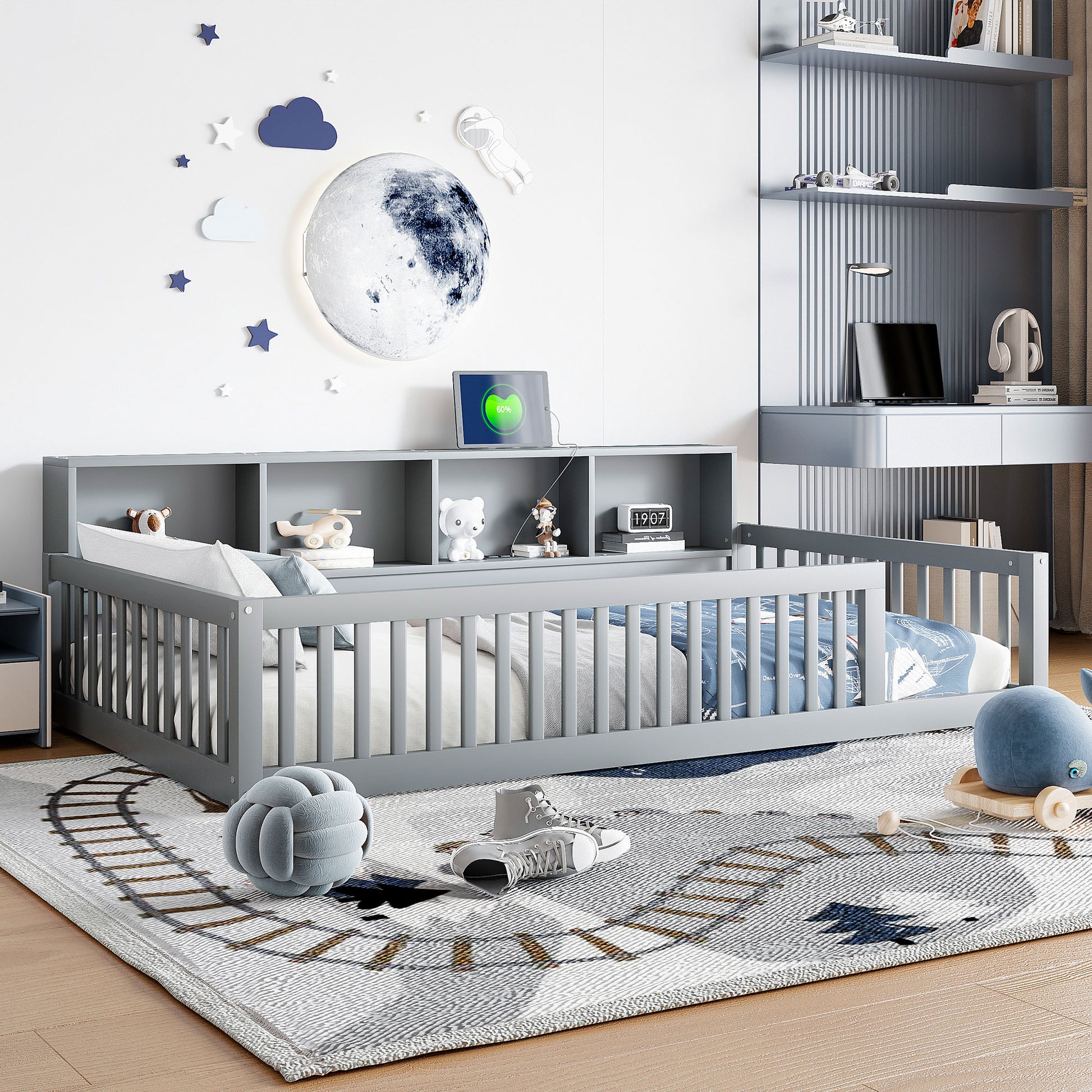 Grey wooden toddler bed with builtin shelving and spaceship decor