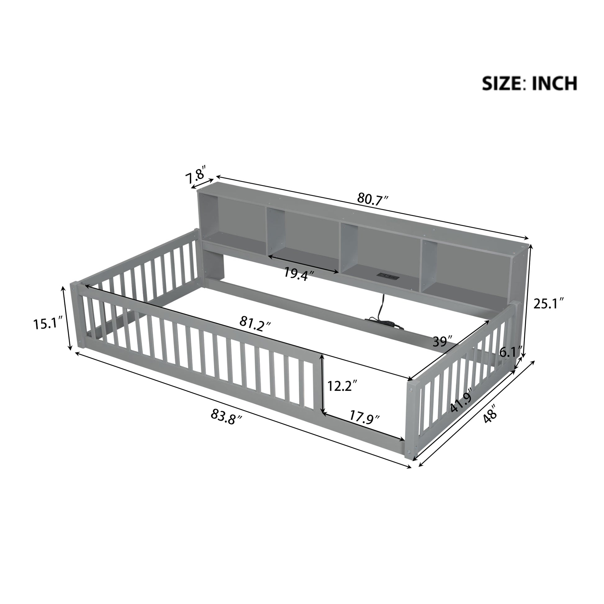 Gray toddler bed with builtin bookshelf and safety rails  inches long