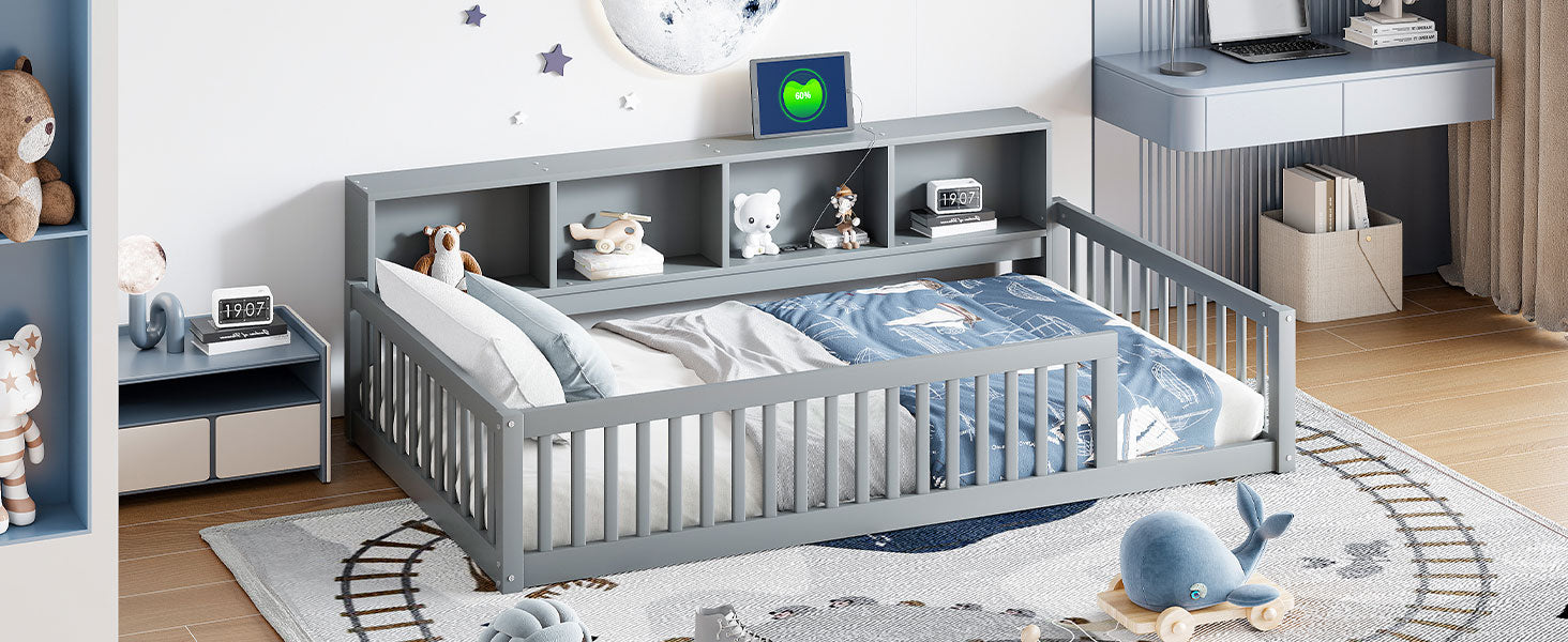 Gray toddler bed with builtin bookshelf and playful bedding