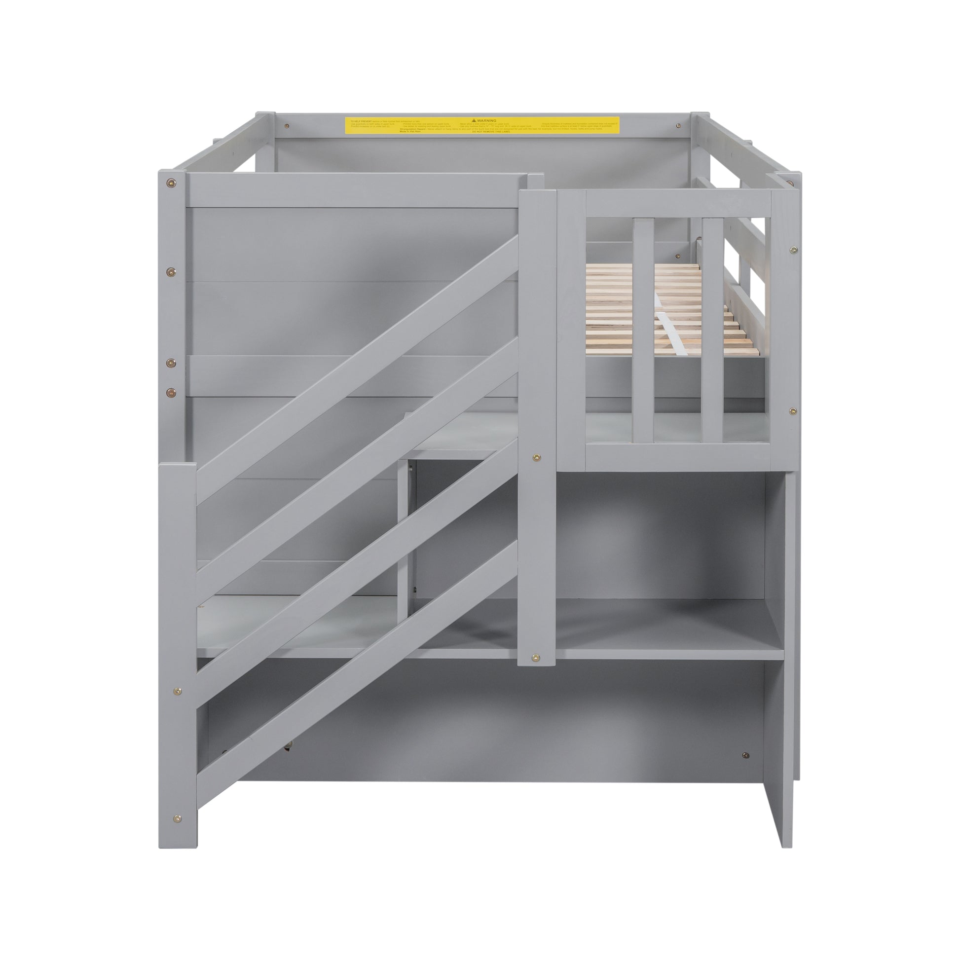 Grey wooden loft bed frame with integrated stairs and shelves