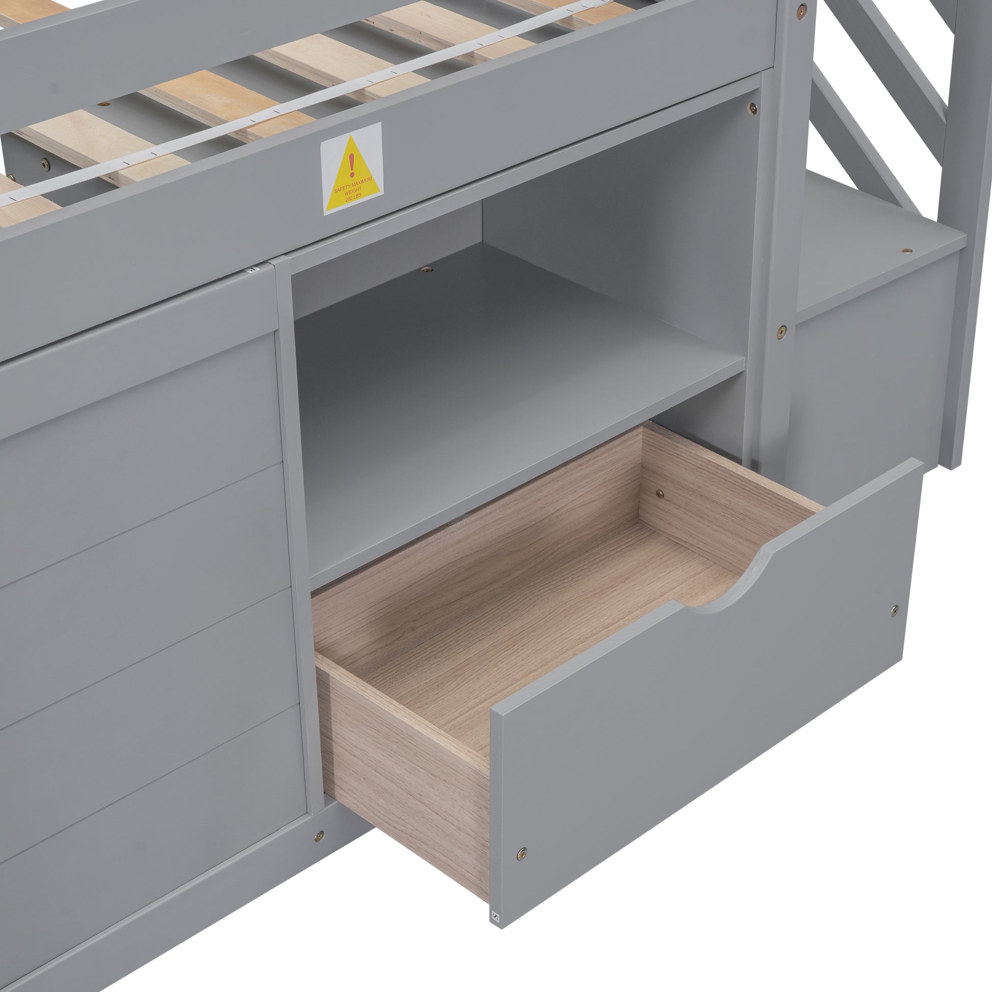 Gray loft bed frame with open drawer and shelf
