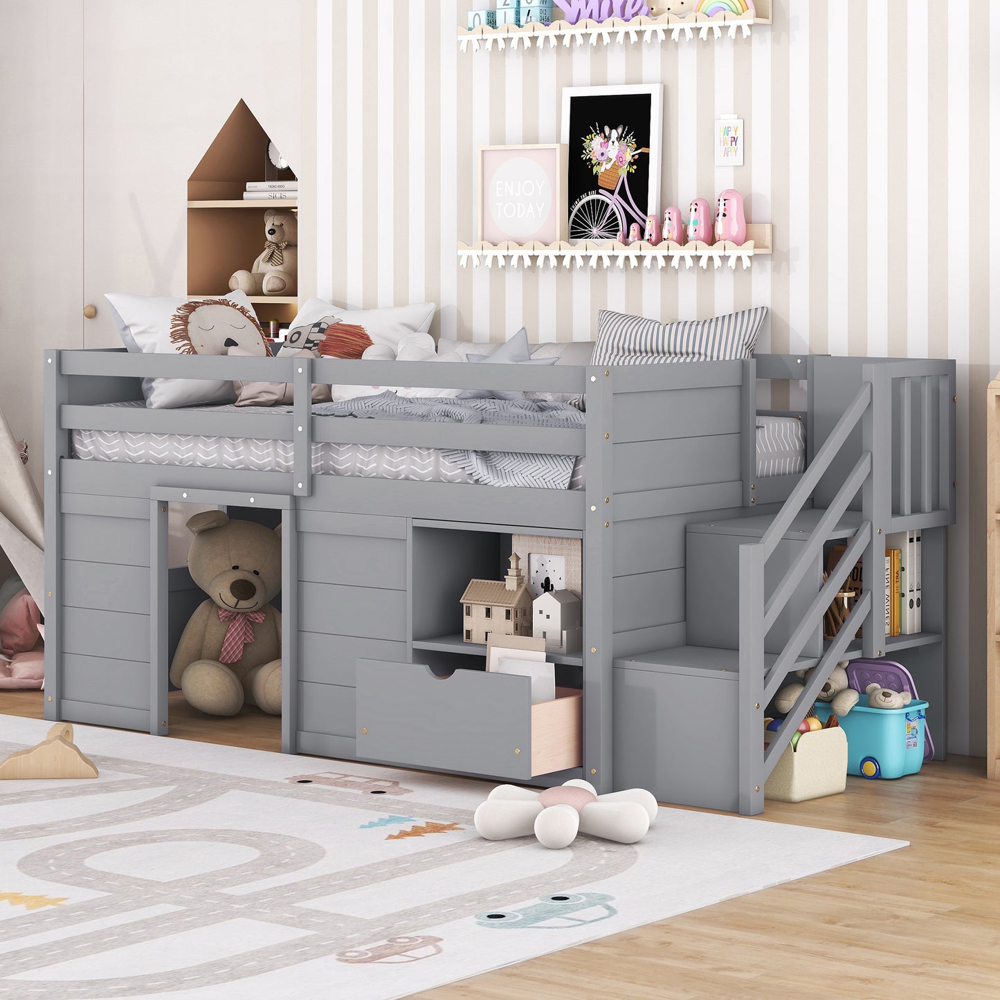 Gray loft bed with stairs and storage