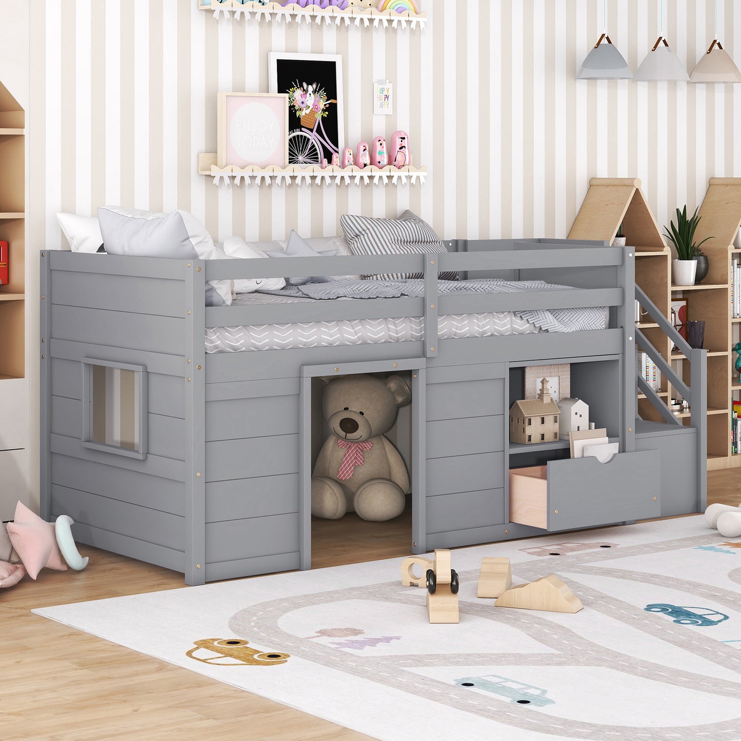 Gray wooden loft bed with builtin playhouse and storage drawers