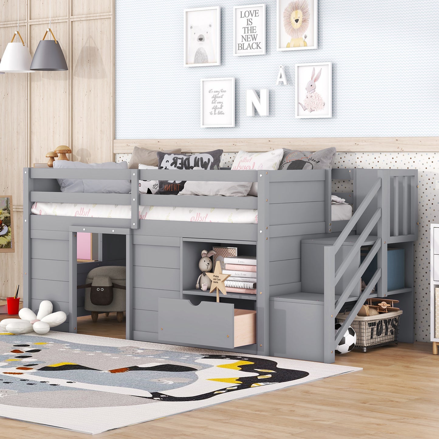 Gray wooden loft bed with storage stairs and playful decor