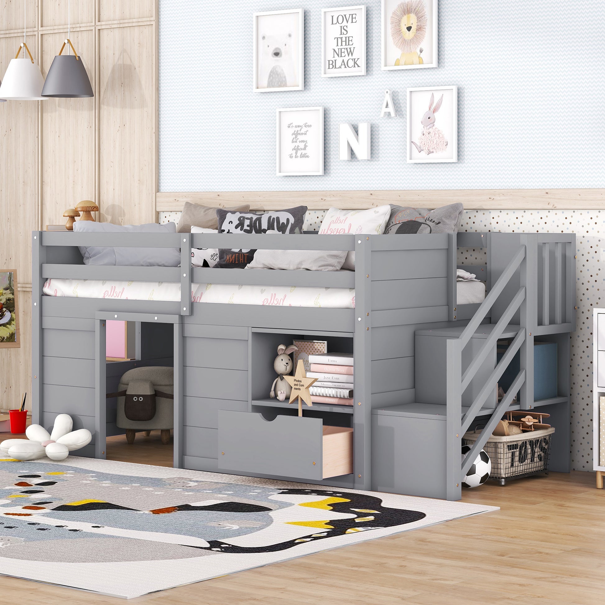 Gray wooden loft bed with storage stairs and playful decor