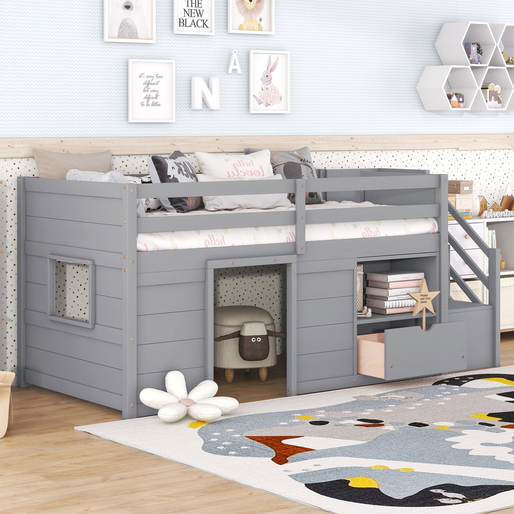 Gray loft bed with playful house design for kids