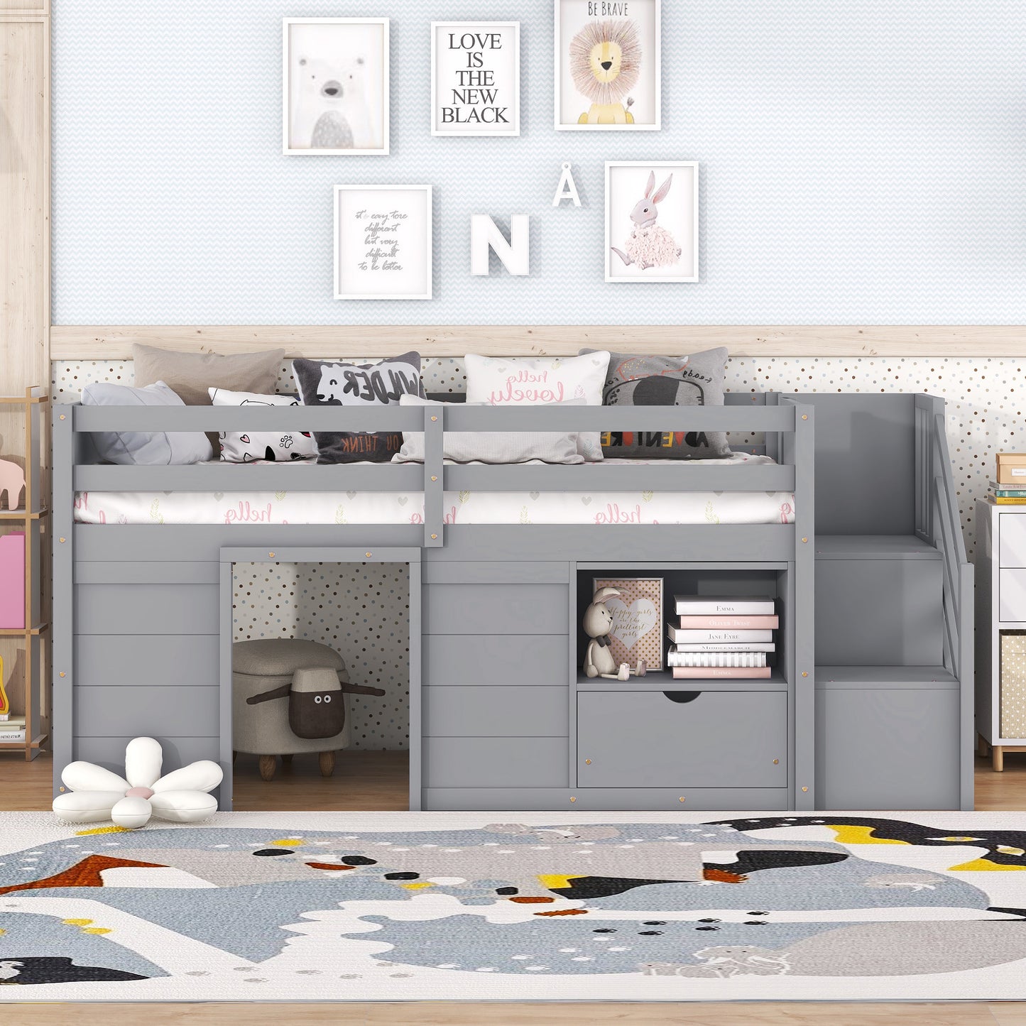 Gray Twin Low Loft Bed with Stair, Drawer, and Shelf