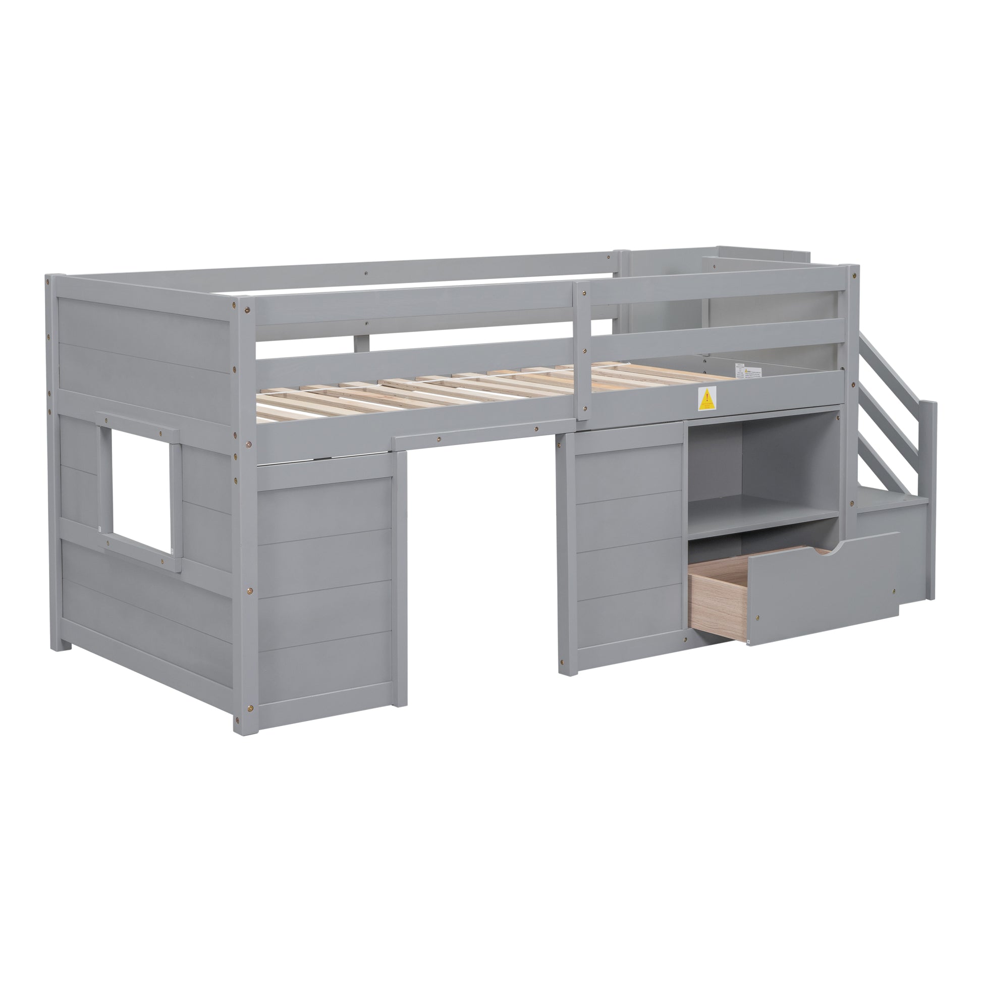Gray wooden loft bed with stairs and storage drawers