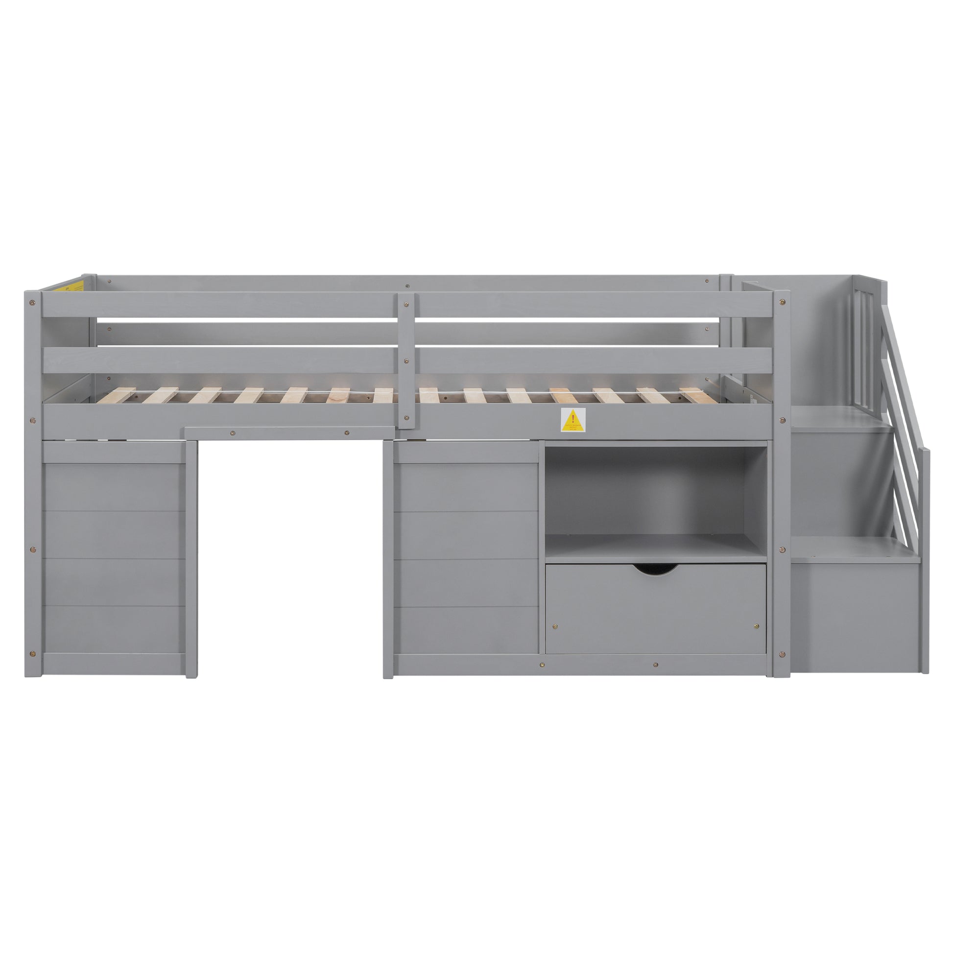Gray loft bed with storage drawers and stairs