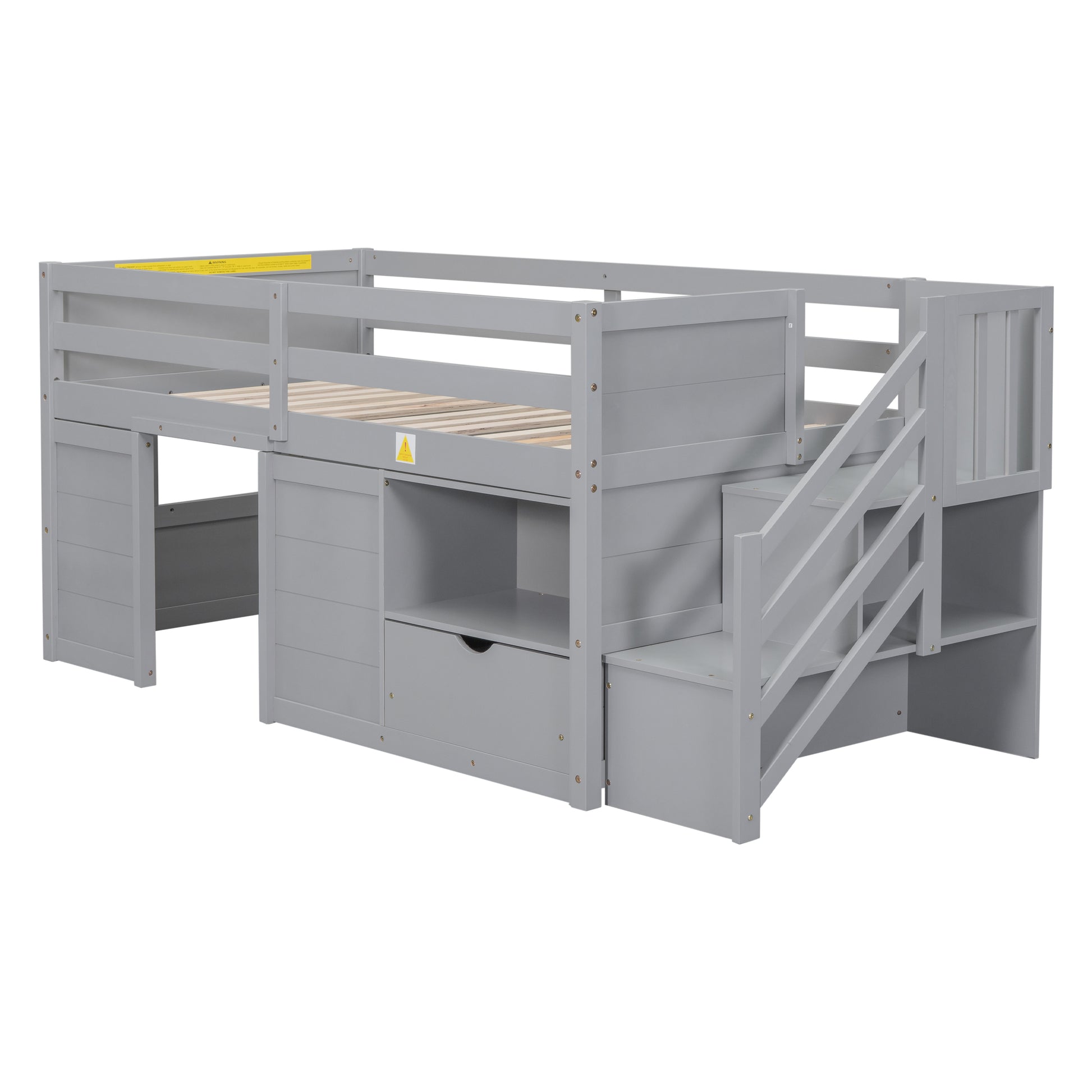 Gray wooden loft bed with builtin drawers and stairs
