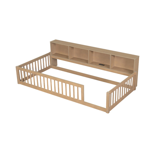 Natural wood toddler bed frame with integrated bookshelf and safety rails