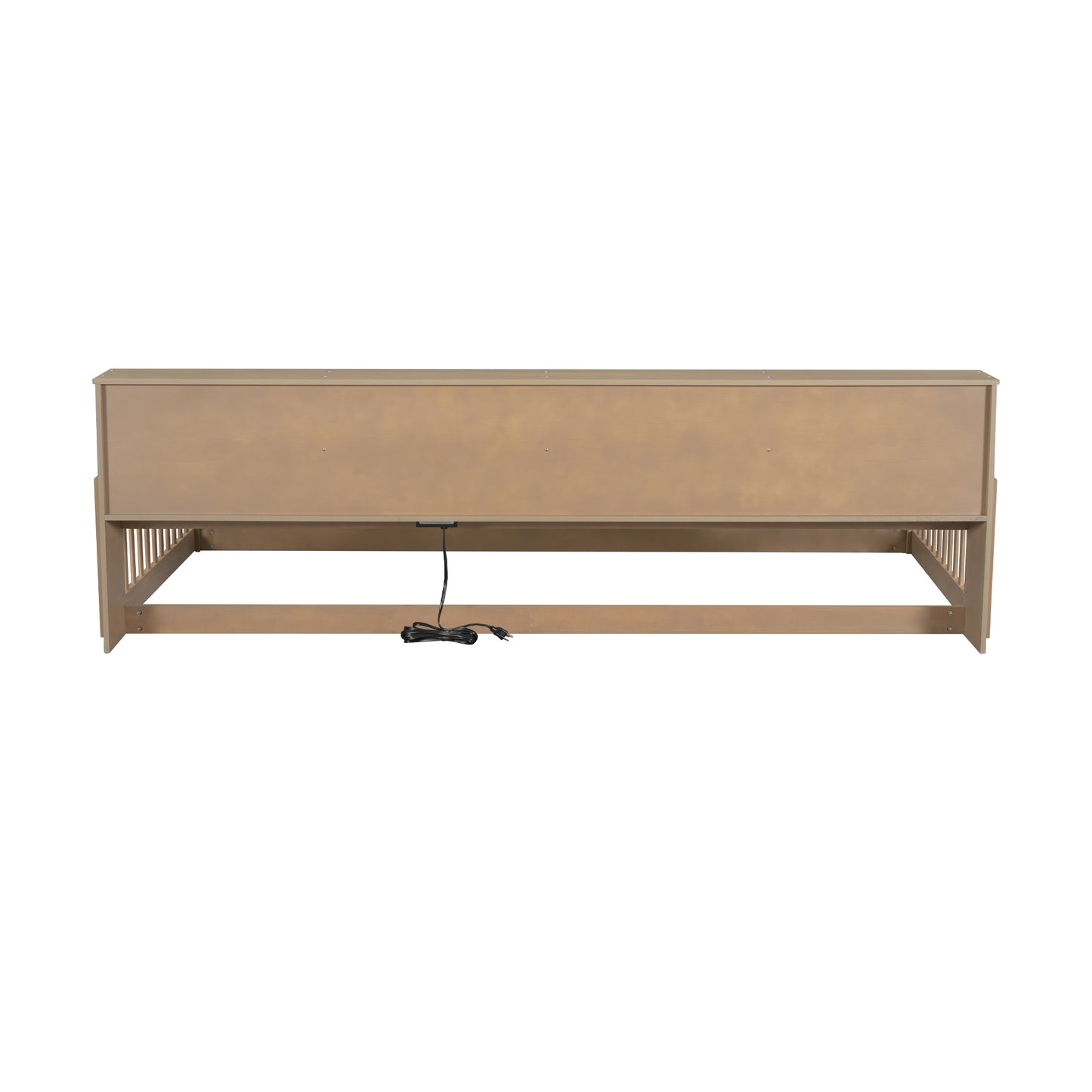 Light brown wooden headboard with integrated power outlet and cord