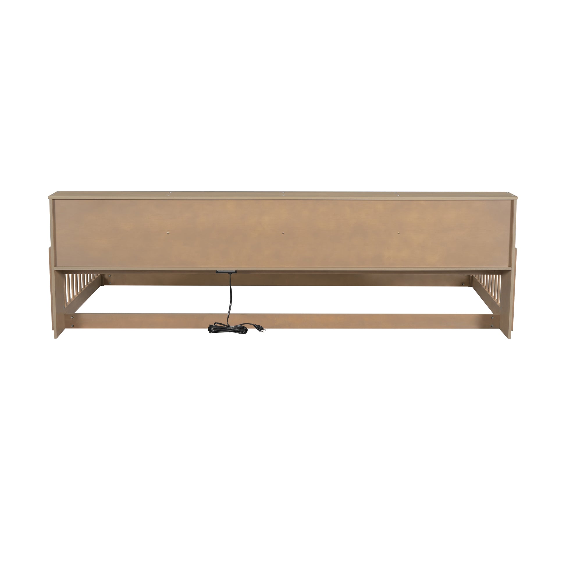 Light brown wooden headboard with integrated power outlet and cord