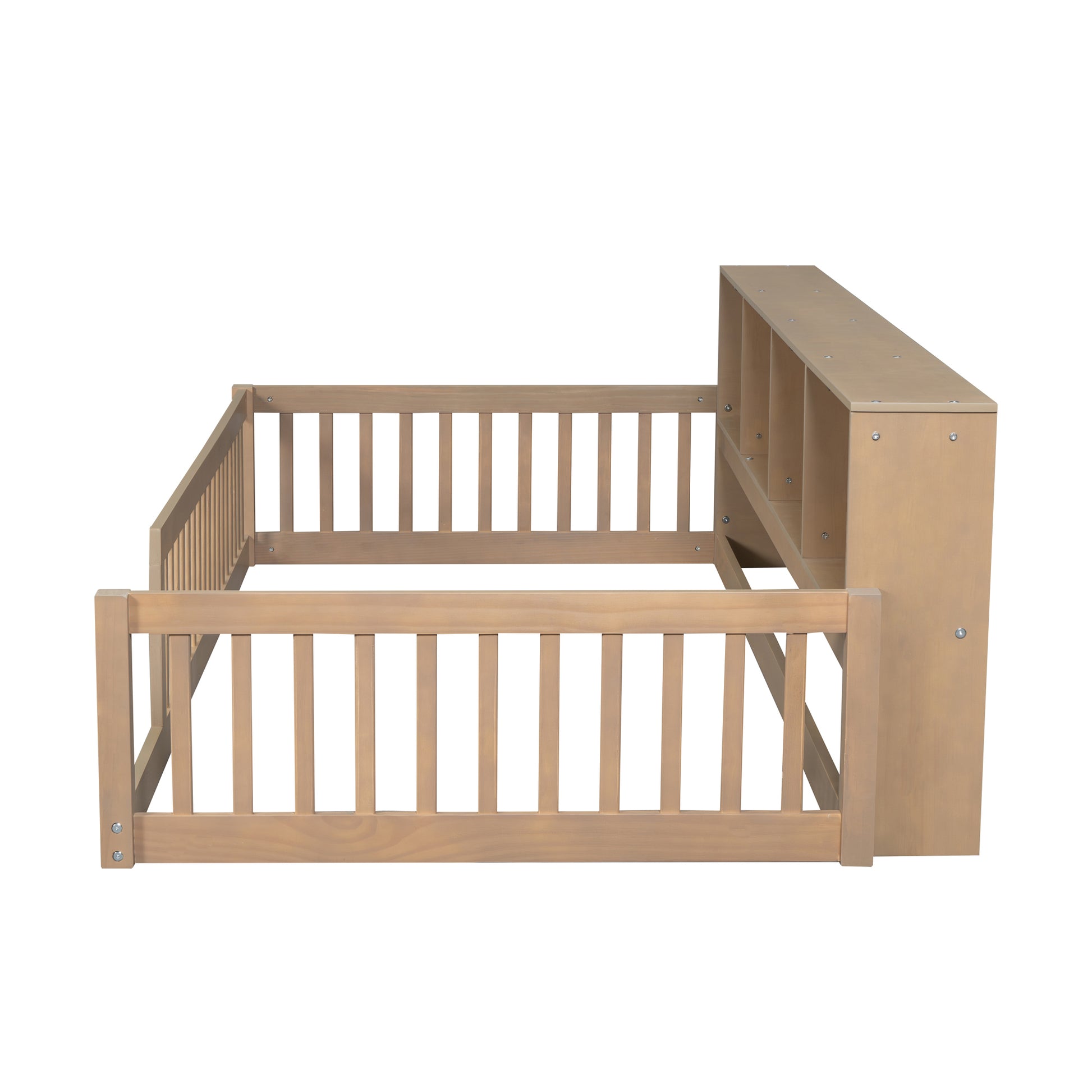 Wooden toddler bed with guardrails and builtin storage bookshelf