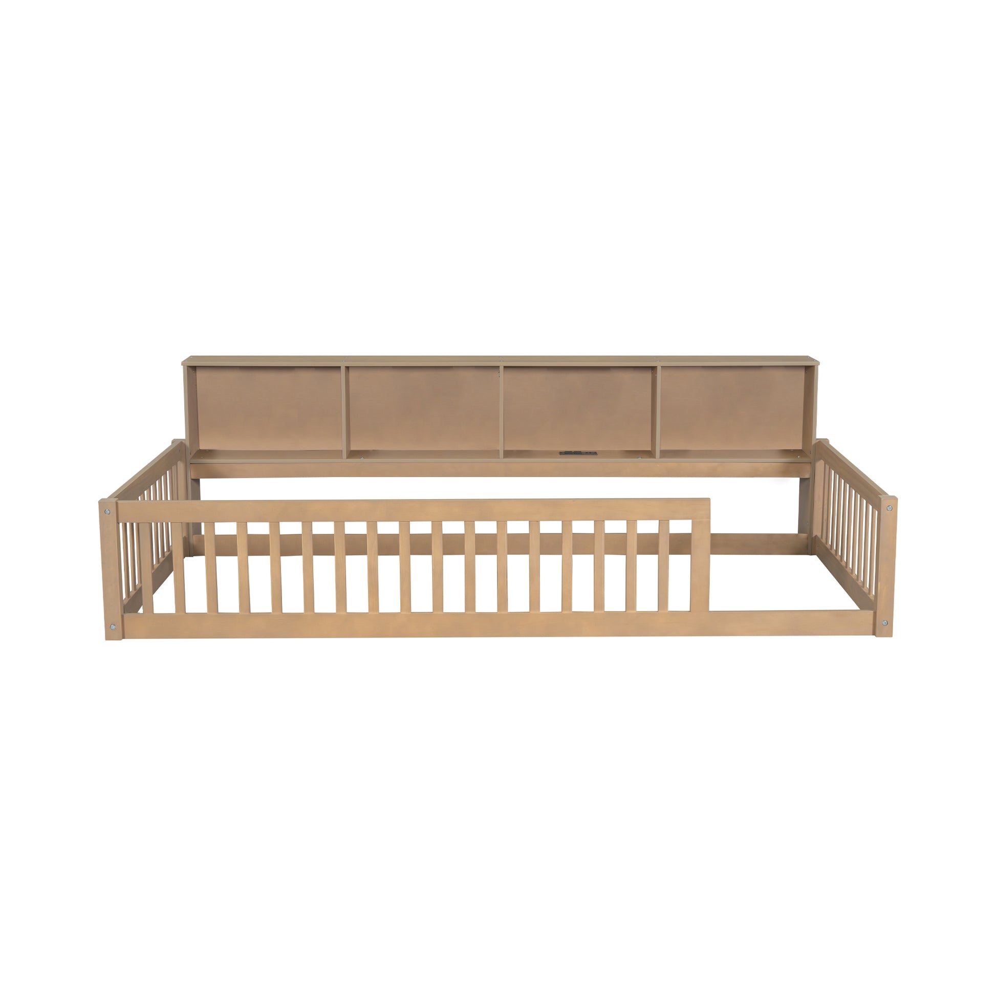 Light oak daybed frame with guardrails and integrated shelving unit