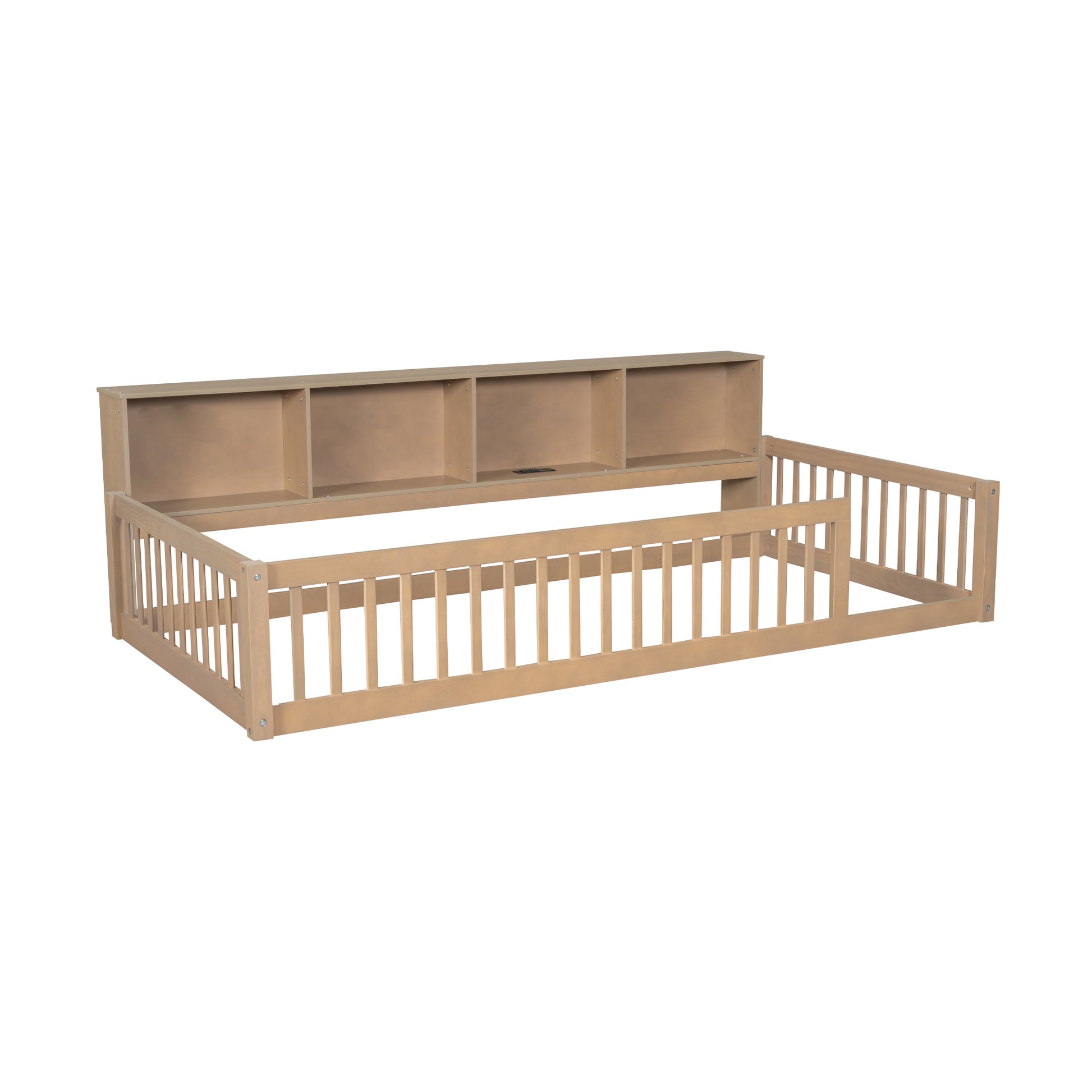 Wooden daybed with integrated bookshelf