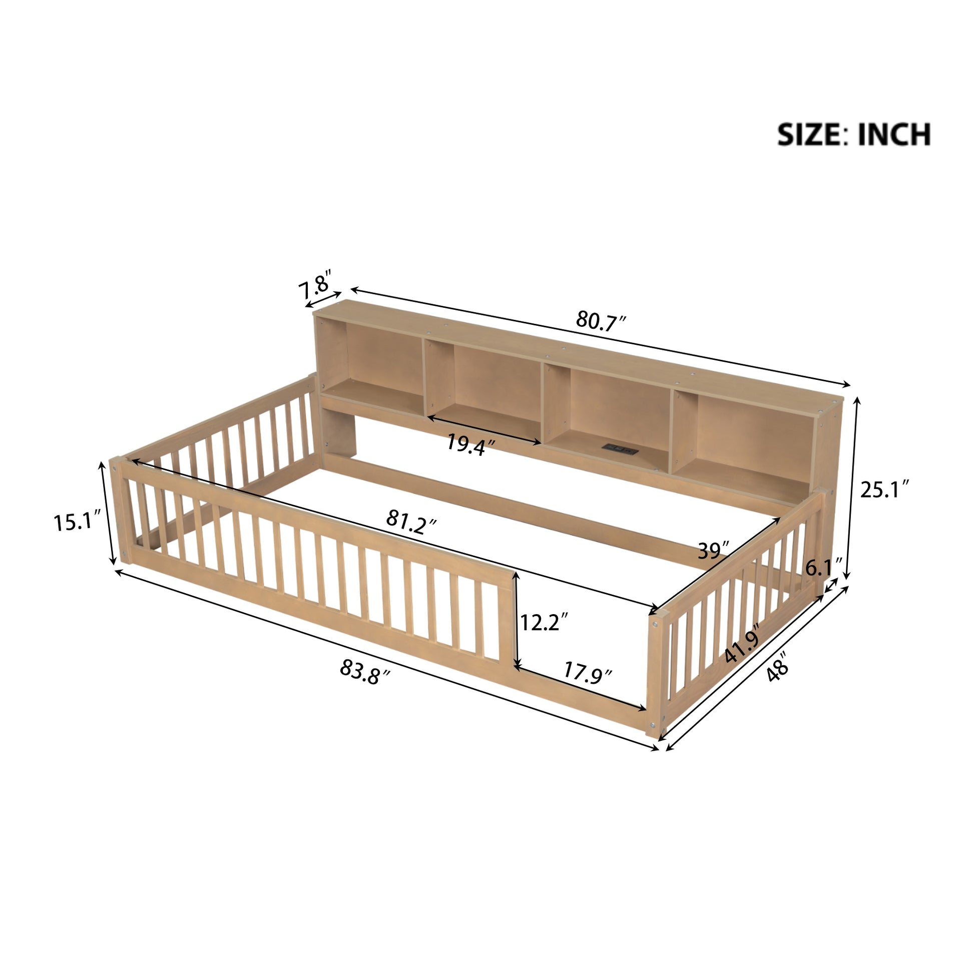 Natural wood toddler bed with builtin storage bookshelf and safety rails