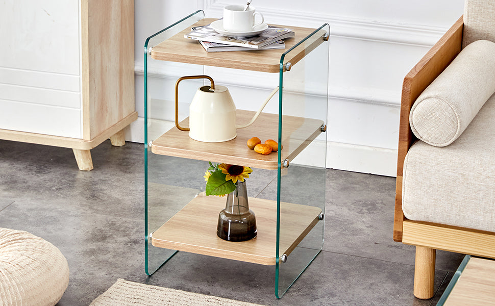 Modern tier side table with wood shelves and clear acrylic legs