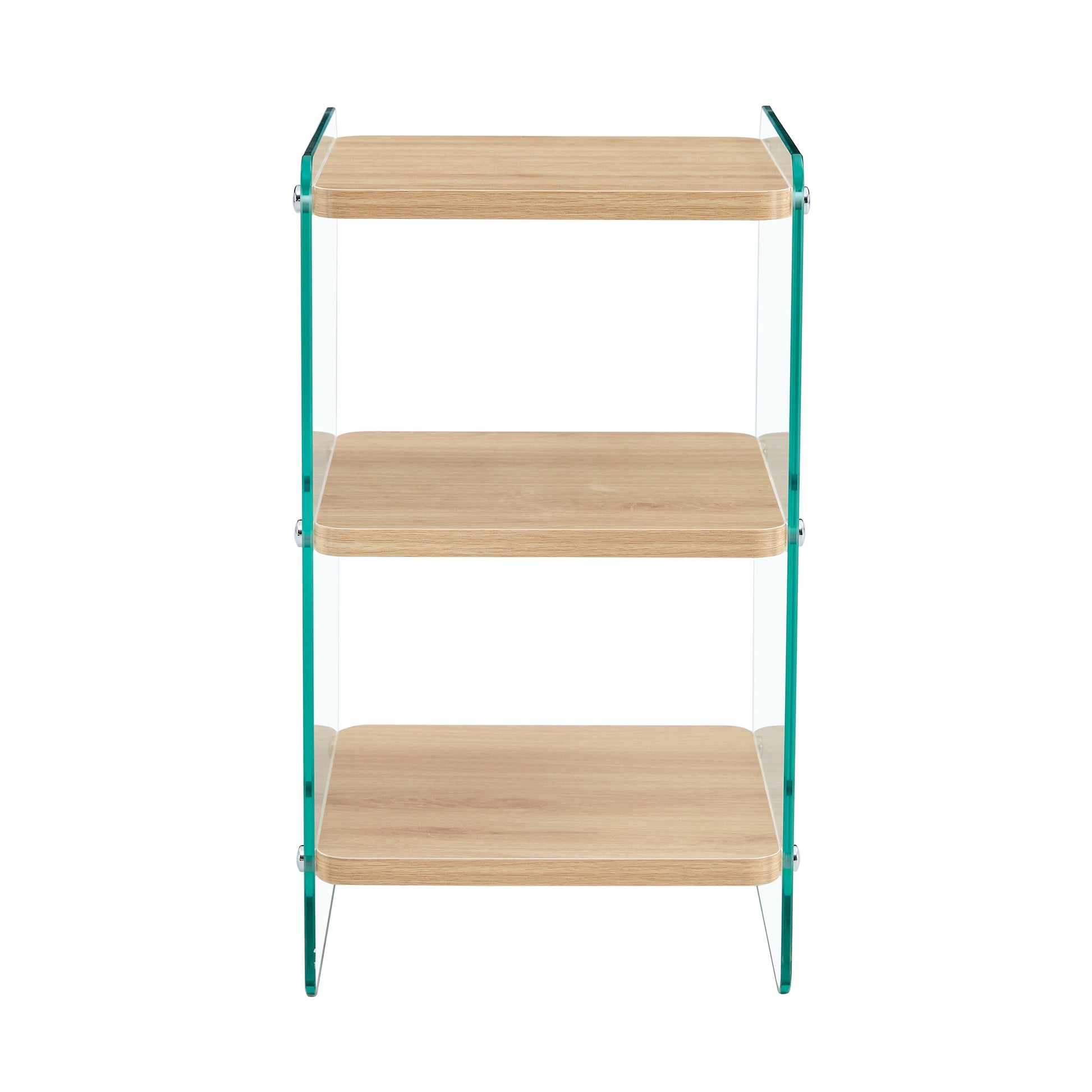 Threetier clear glass shelf with light wood veneer shelves and chrome hardware