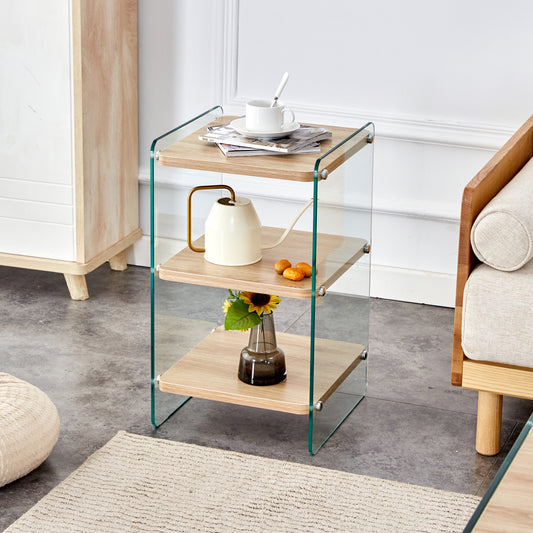 Threetier side table with light wood shelves and clear glass sides modern design