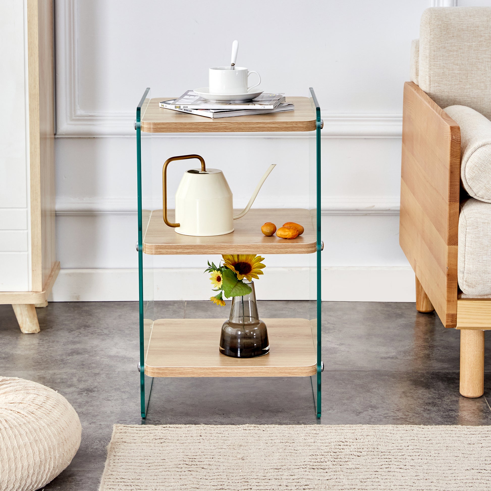 Modern glass and wood end table with three shelves for decor