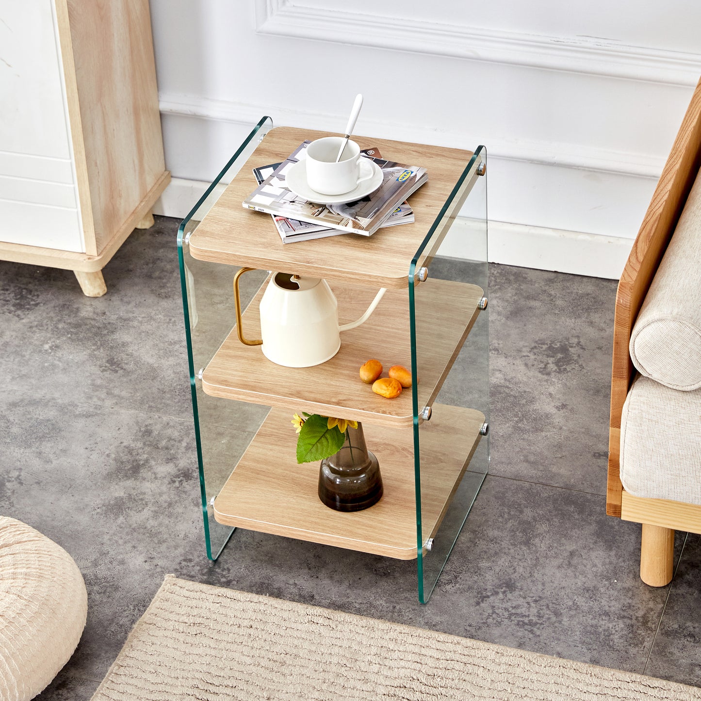 Modern tier end table with natural wood shelves and clear tempered glass sides