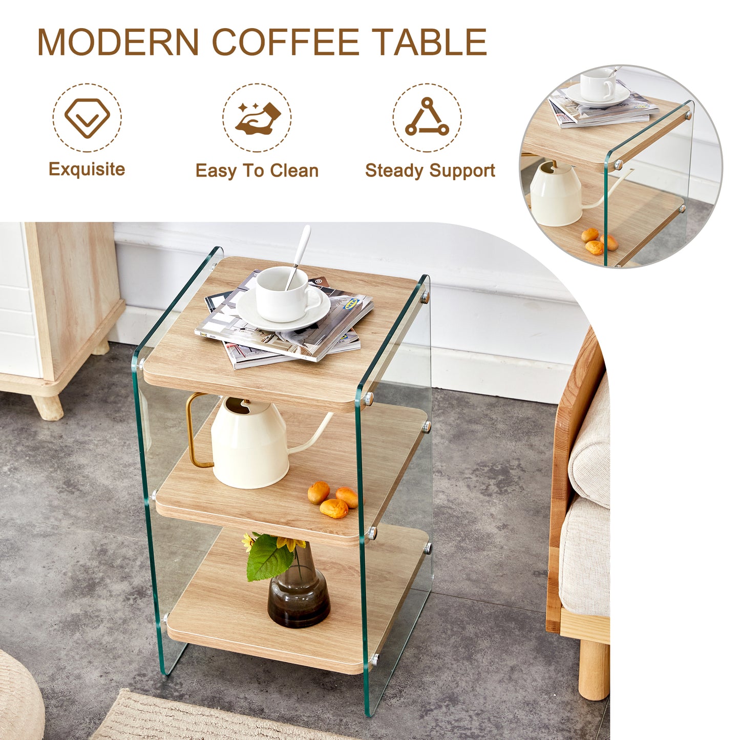 Modern wooden and glass coffee table with three shelves for living room decor