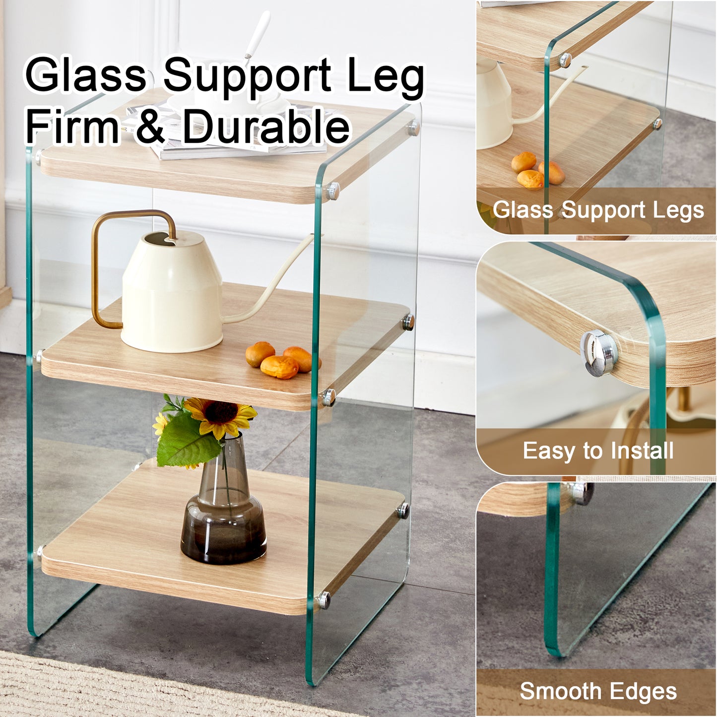 Threetier side table with light wood shelves and glass support legs