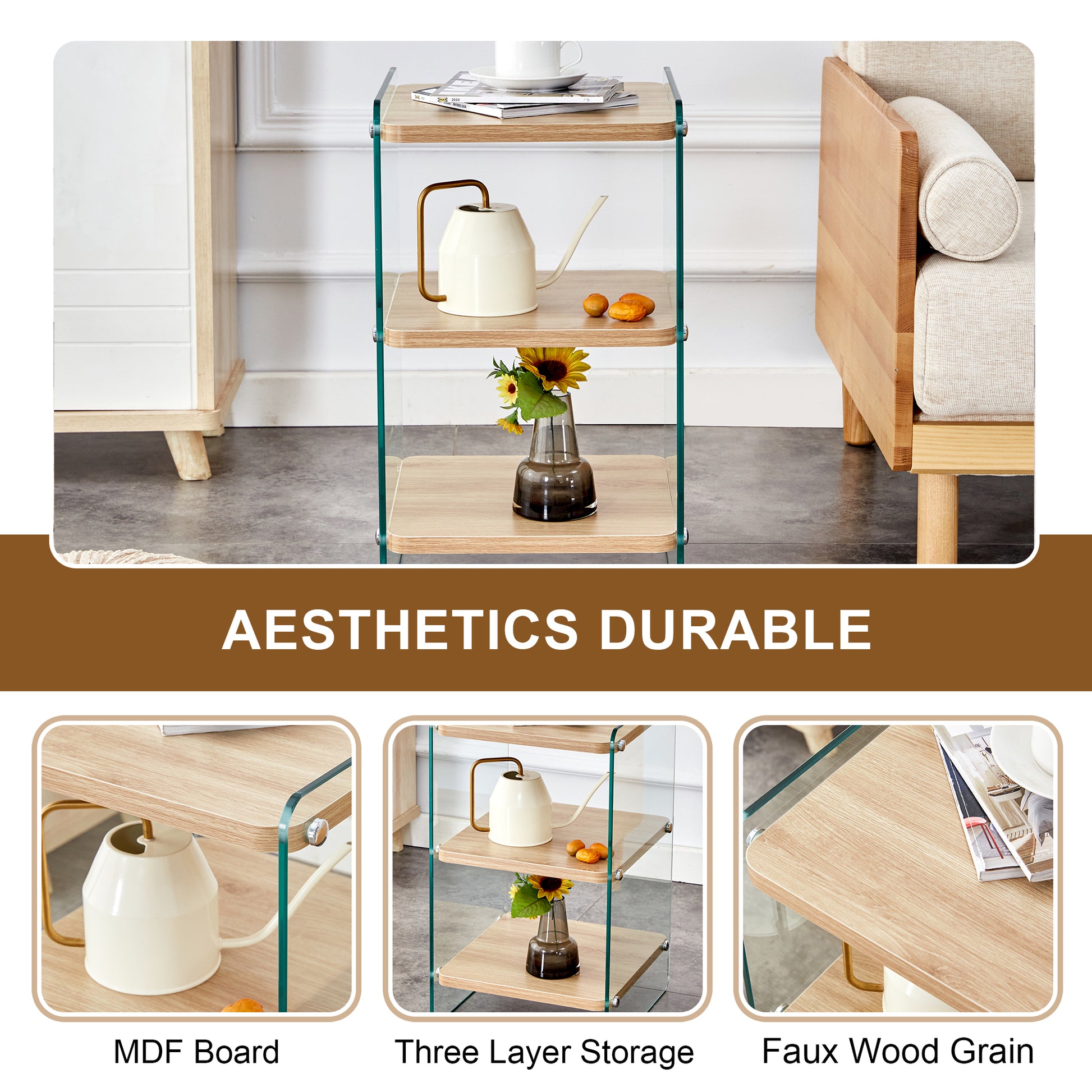 Modern glass and wood grain side table with three tiers for storage