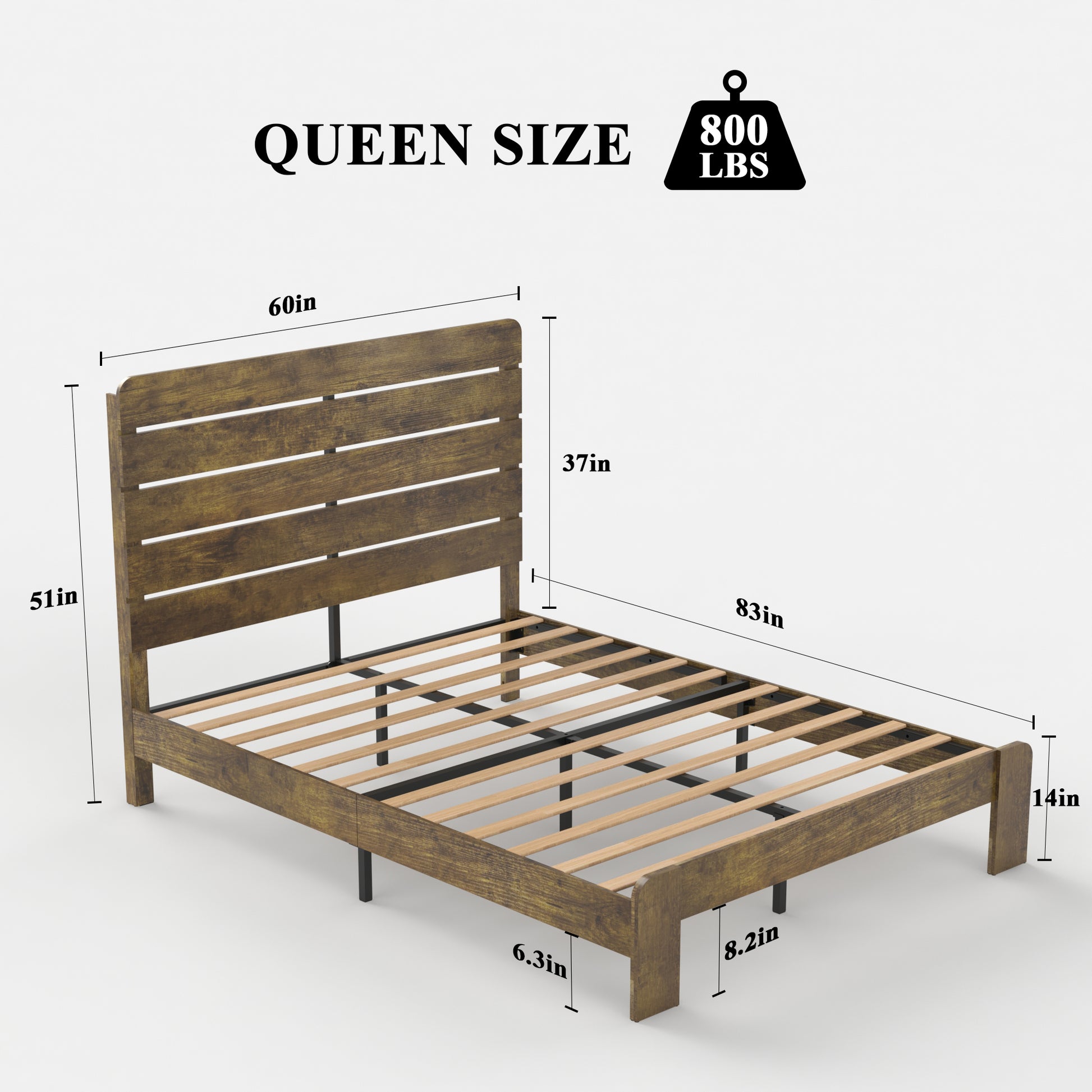 Rustic brown wood queen size bed frame with slatted headboard