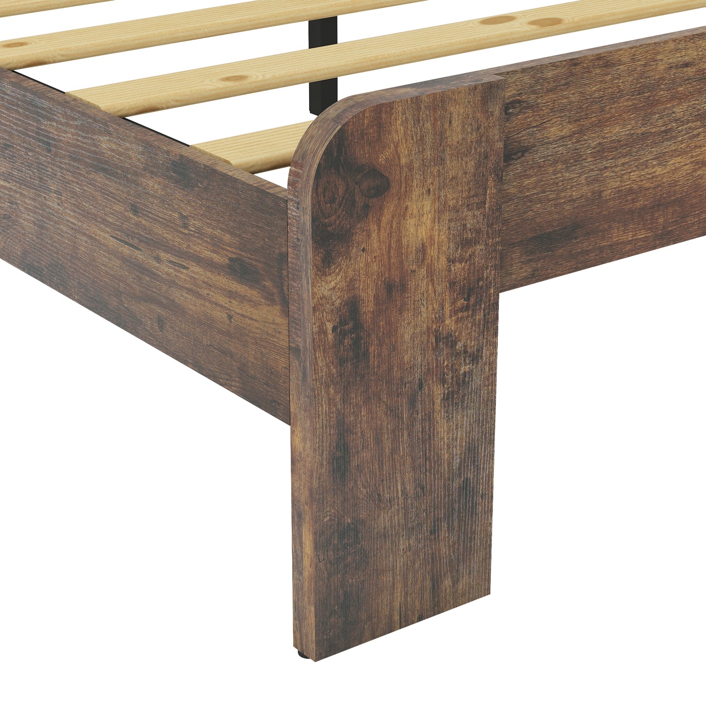 Rustic brown wood bed frame with slatted support providing a sturdy base for a mattress