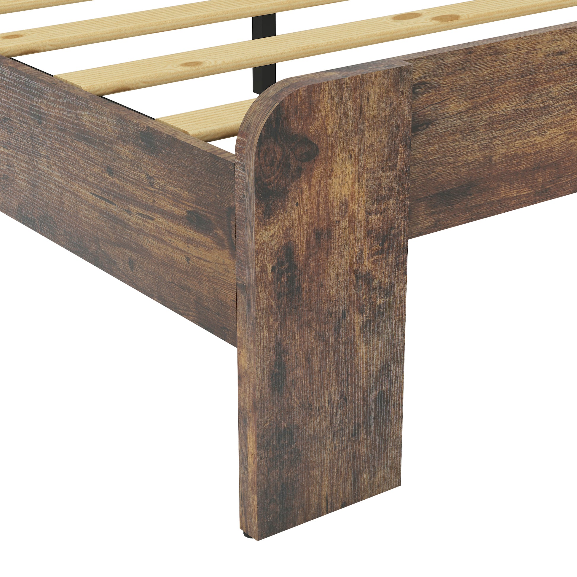 Rustic brown wood bed frame with slatted support providing a sturdy base for a mattress