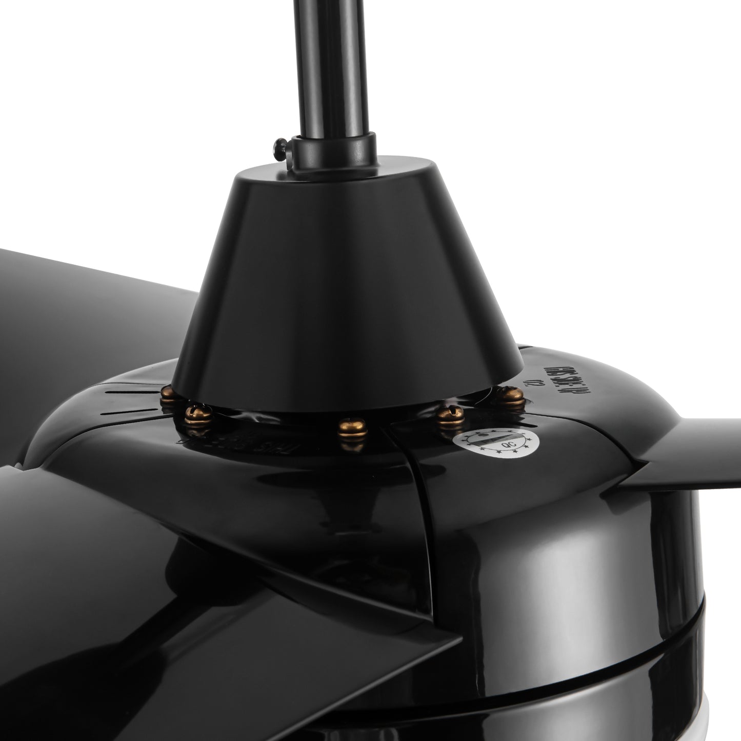Black modern ceiling fan motor housing with brass screws