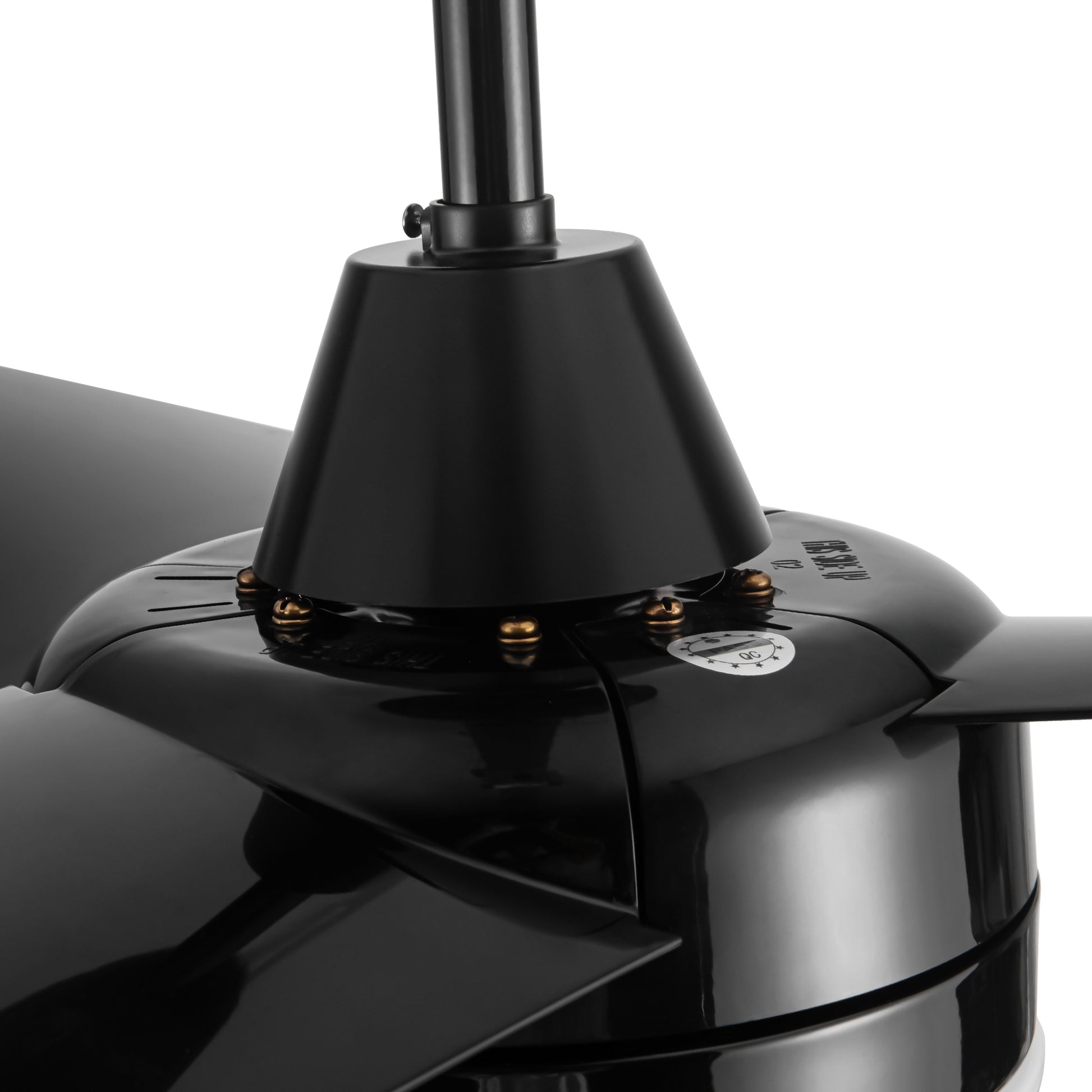 Black modern ceiling fan motor housing with brass screws