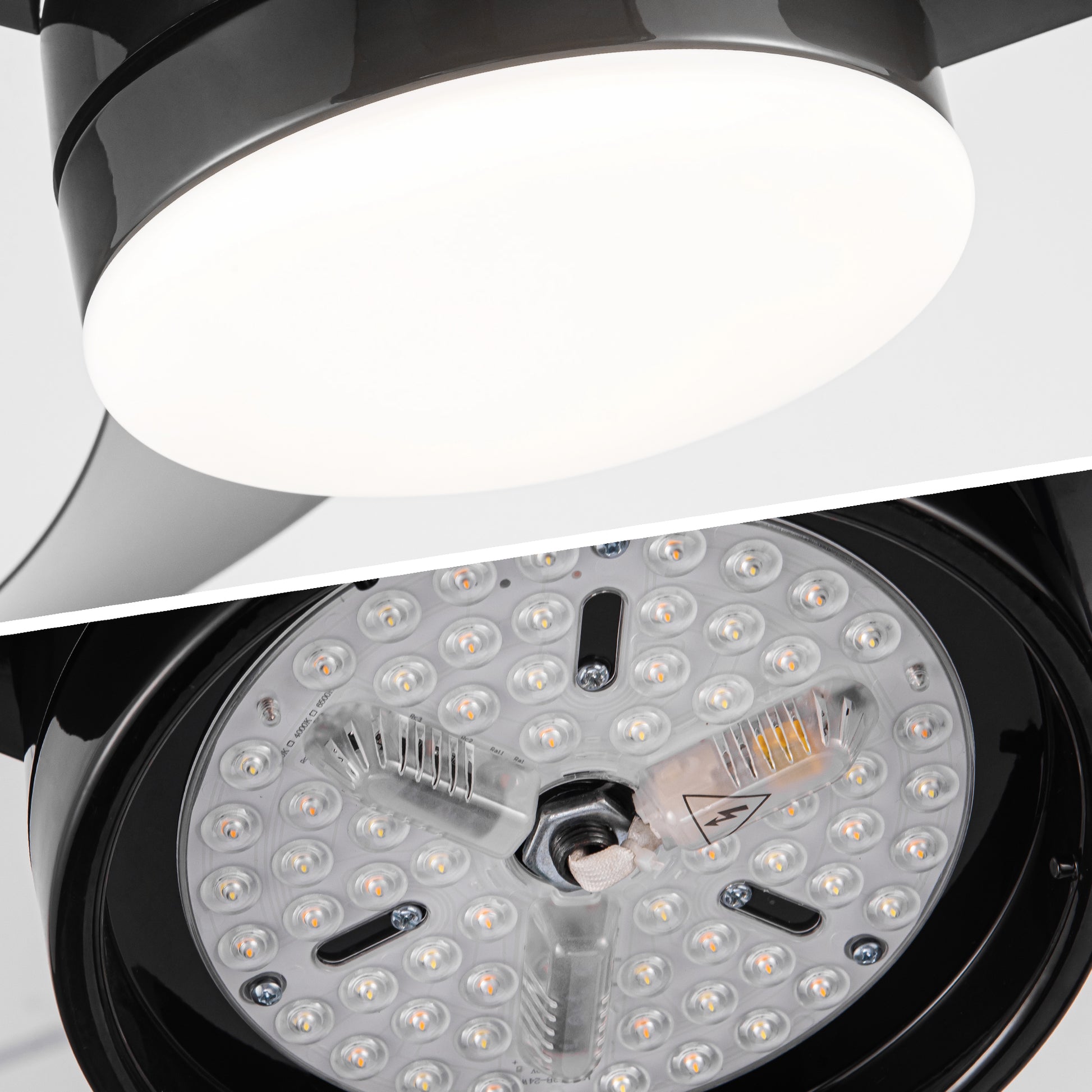 Close up of a modern black ceiling fan with a bright LED light fixture