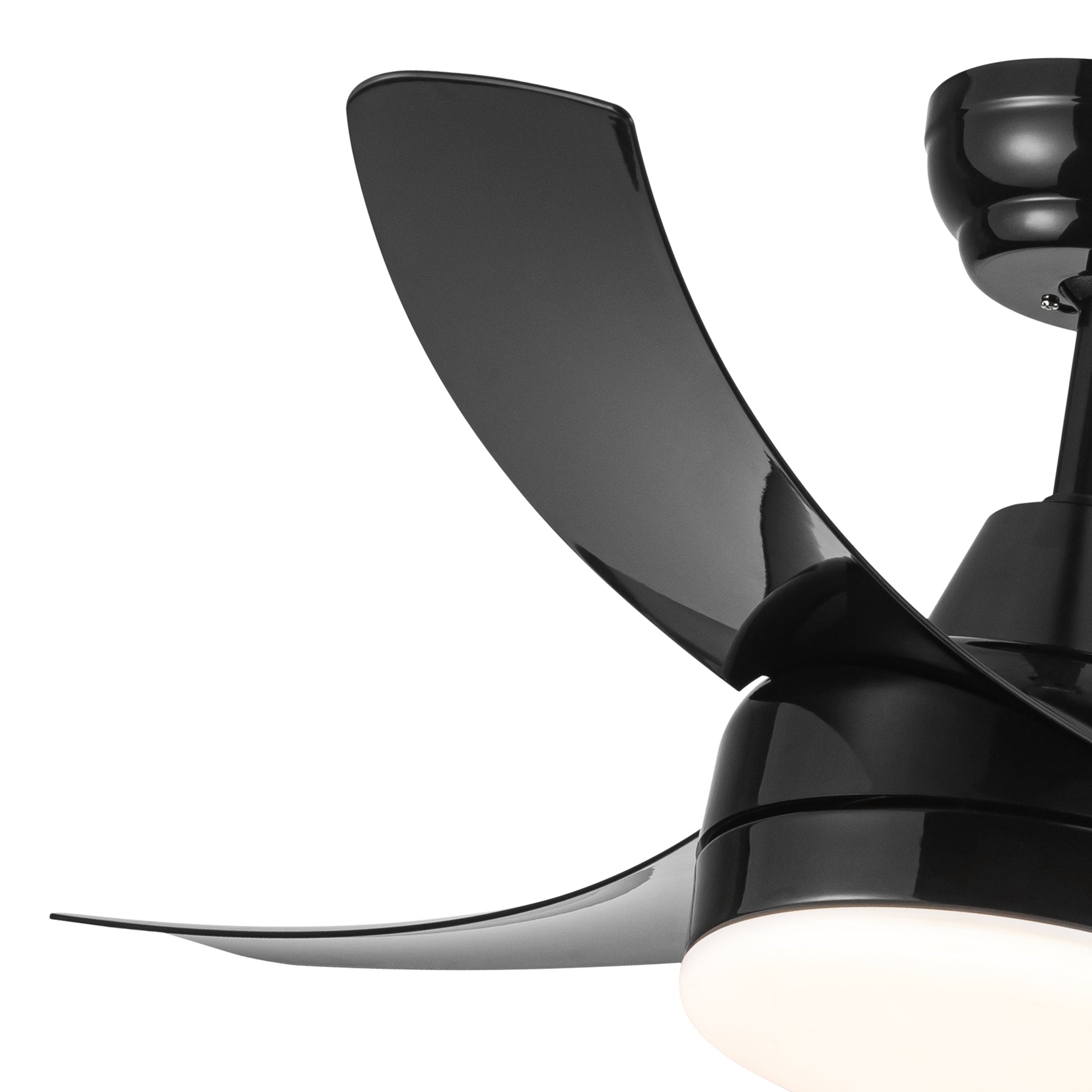 Modern black ceiling fan with integrated LED light and sleek blades