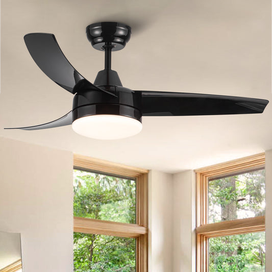 Black modern ceiling fan with integrated LED light ideal for bedroom comfort