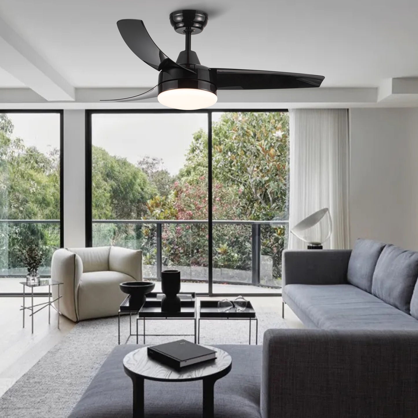 Black modern ceiling fan with integrated LED light ideal for living rooms