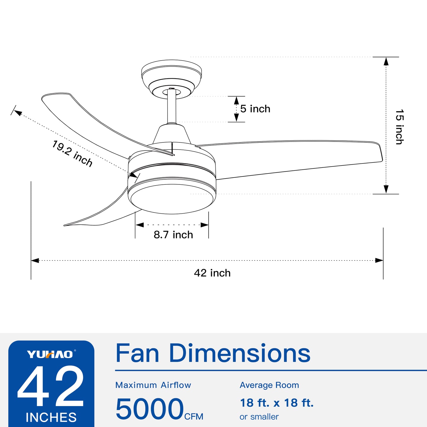 Line drawing of a inch ceiling fan with dimensions labeled inch height and inch motor diameter