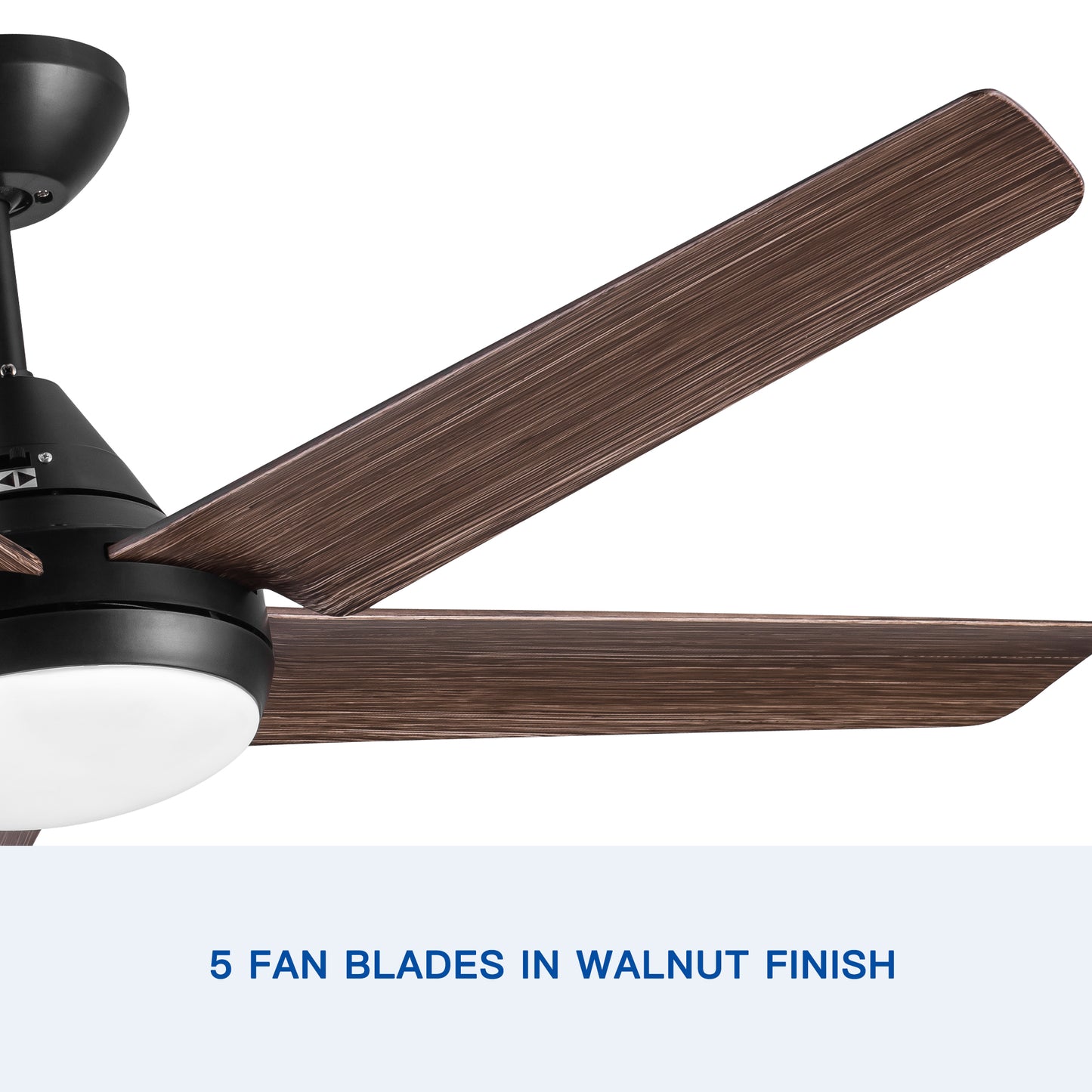 Black modern ceiling fan with five walnut finish blades and integrated LED light